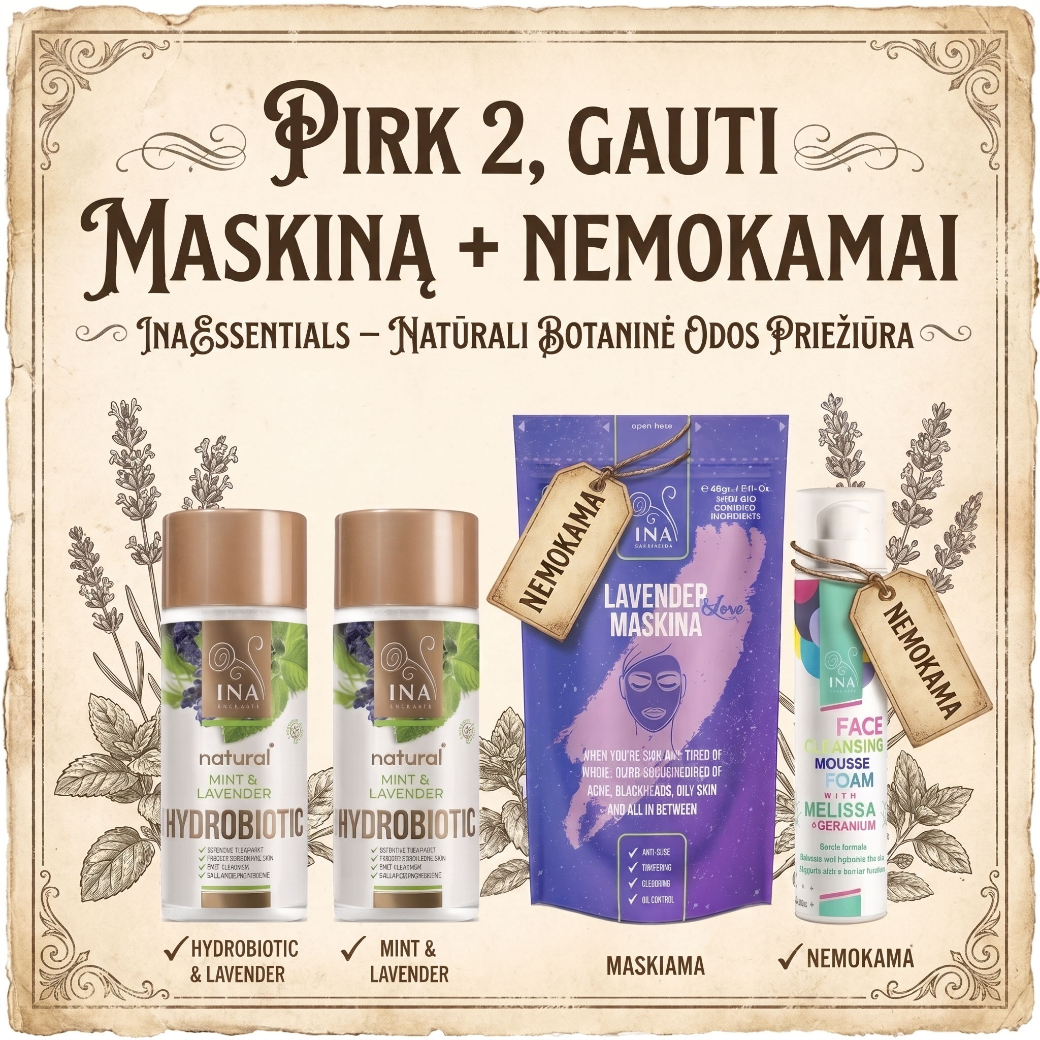 Šeimos Organinė Kosmetika - InaEssentials.lt Facebook ad: Pirk 2 Hydrobiotic, Maskina kaukę ir putas dovanų