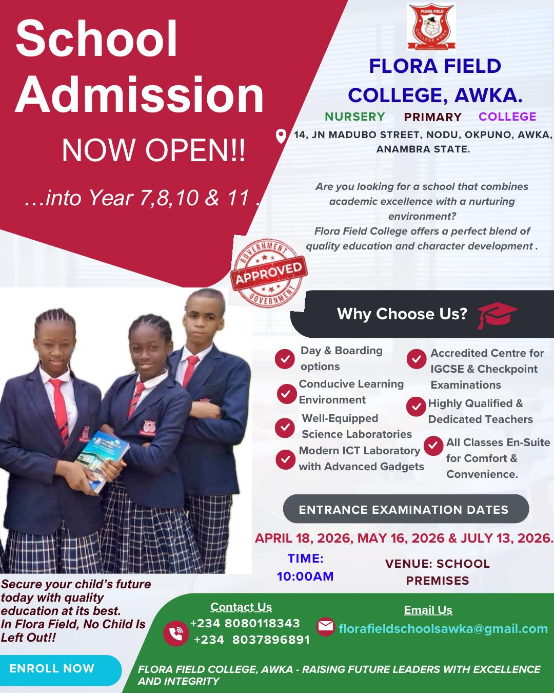 Flora Field College Awka Facebook ad: ADMISSION IN PROGRESS!