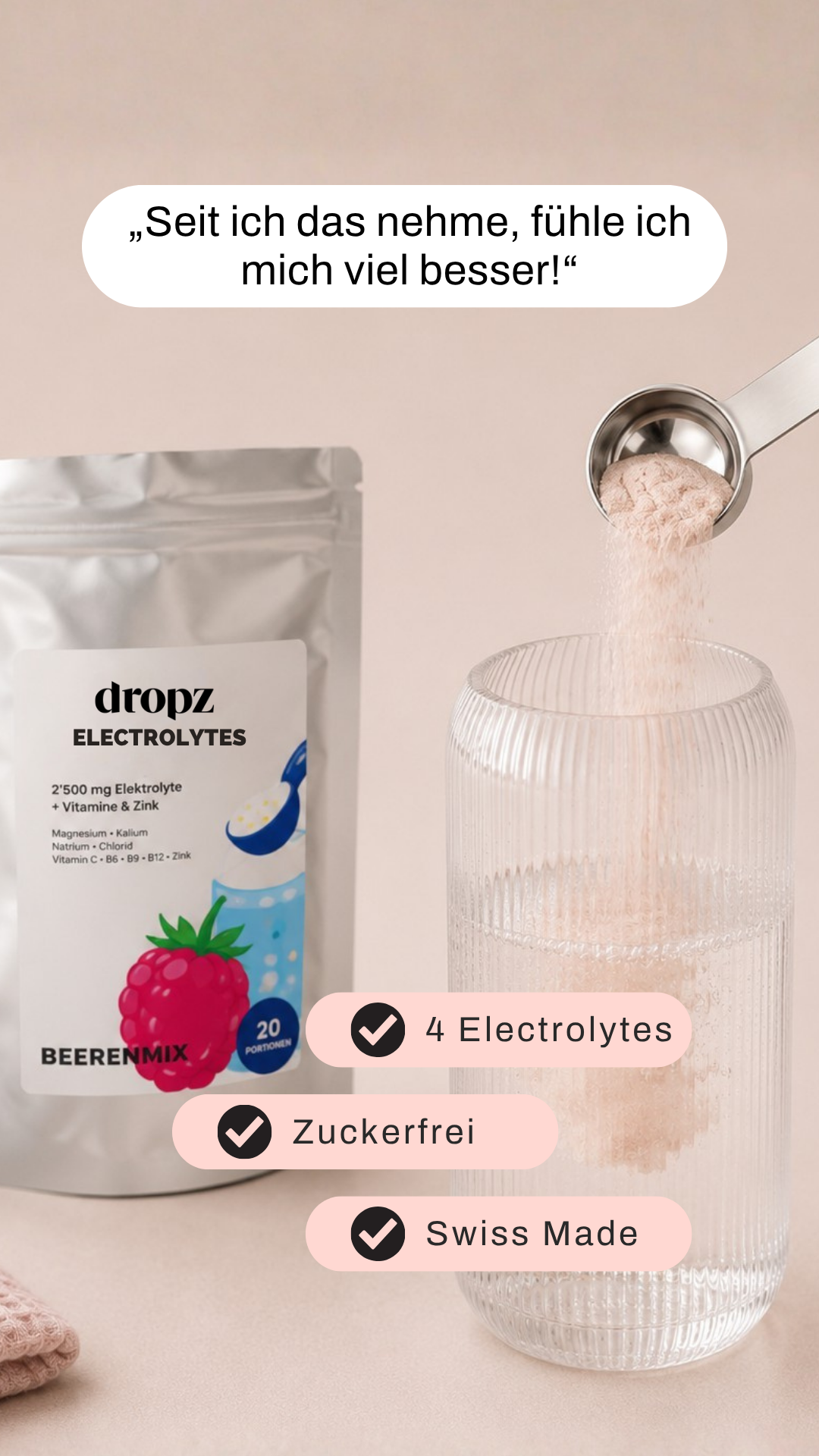 dropz Facebook ad: Hydration mit wichtigen Elektrolyten