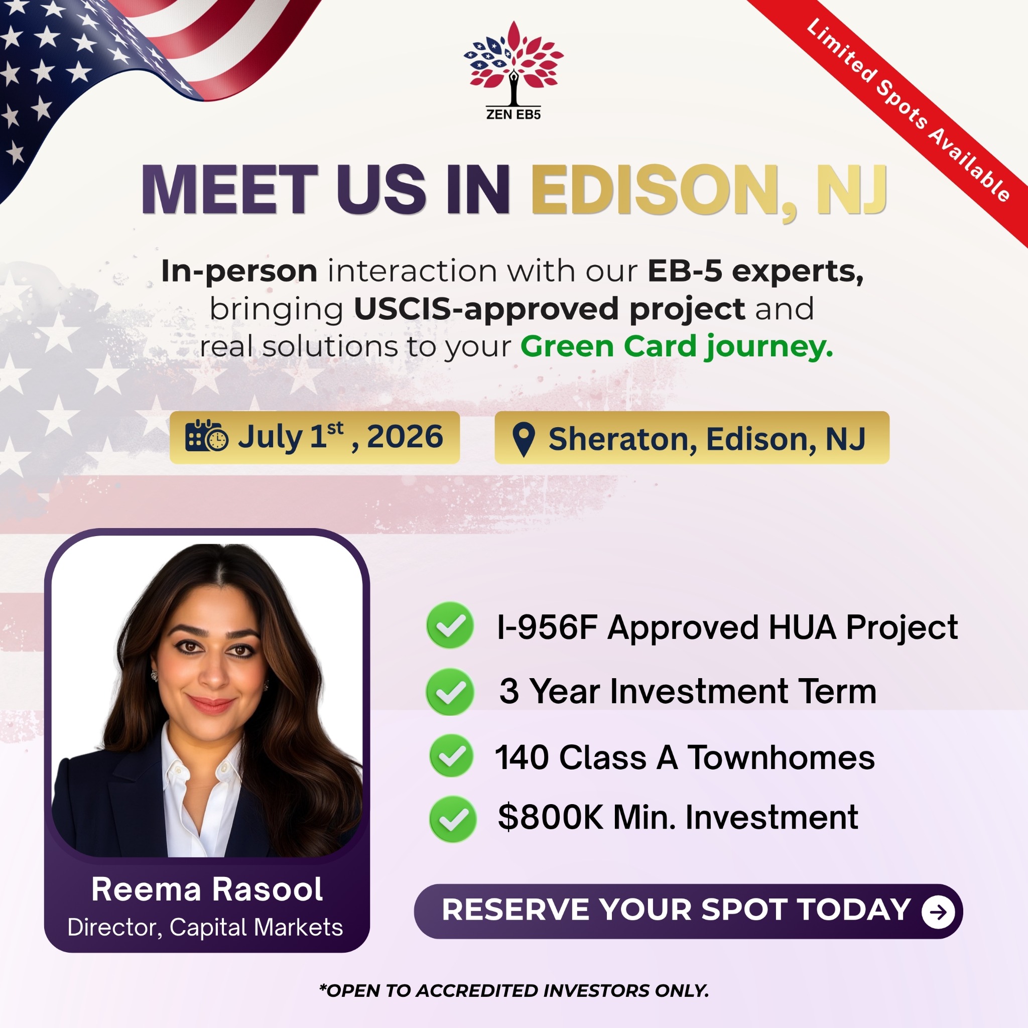 ZEN EB5 Facebook ad: Meet EB-5 Experts | July 1st Register Now