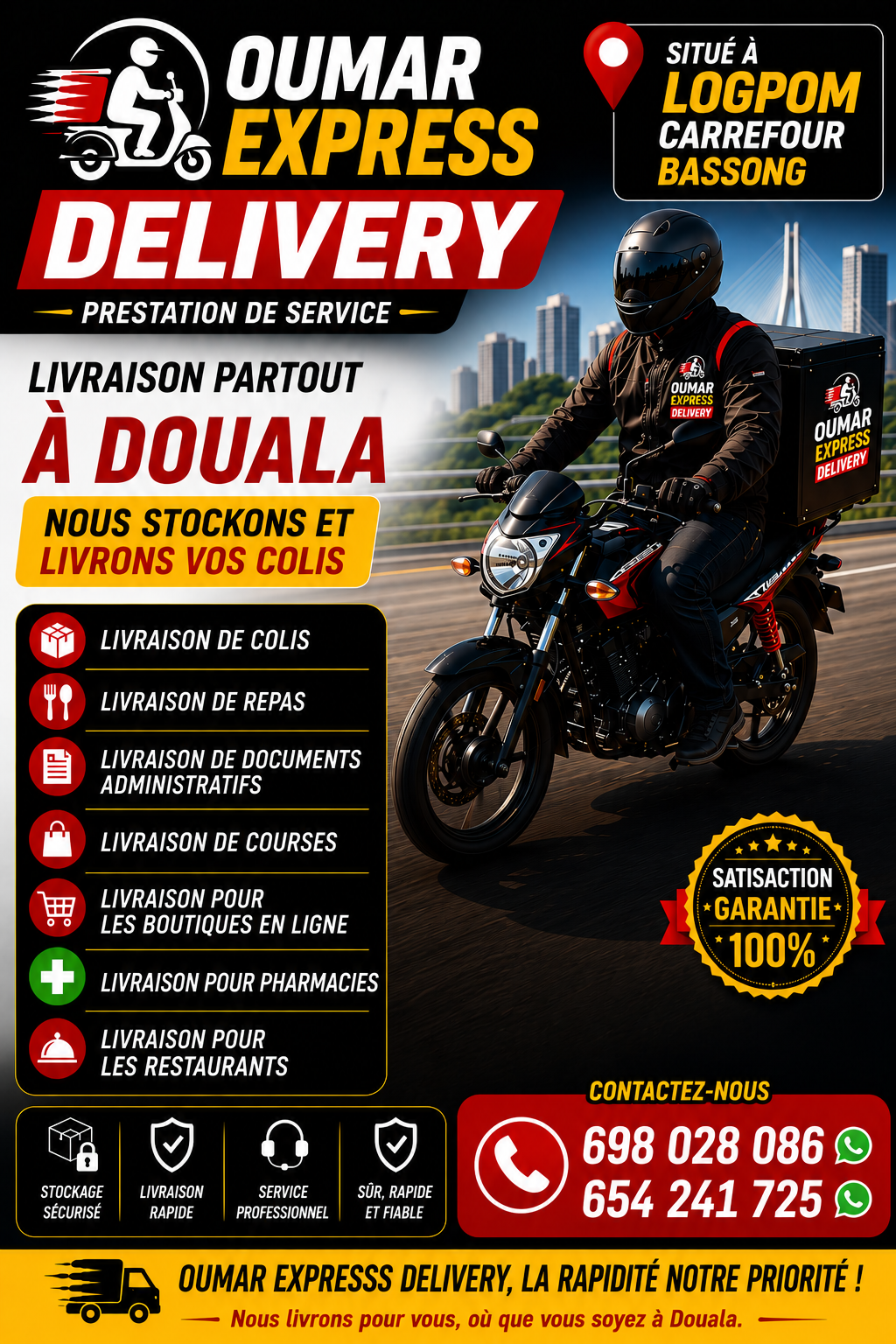 OUMAR express delivery Facebook ad: BESOIN D'UNE LIVRAISON RAPIDE ET FIABLE À DOUALA?