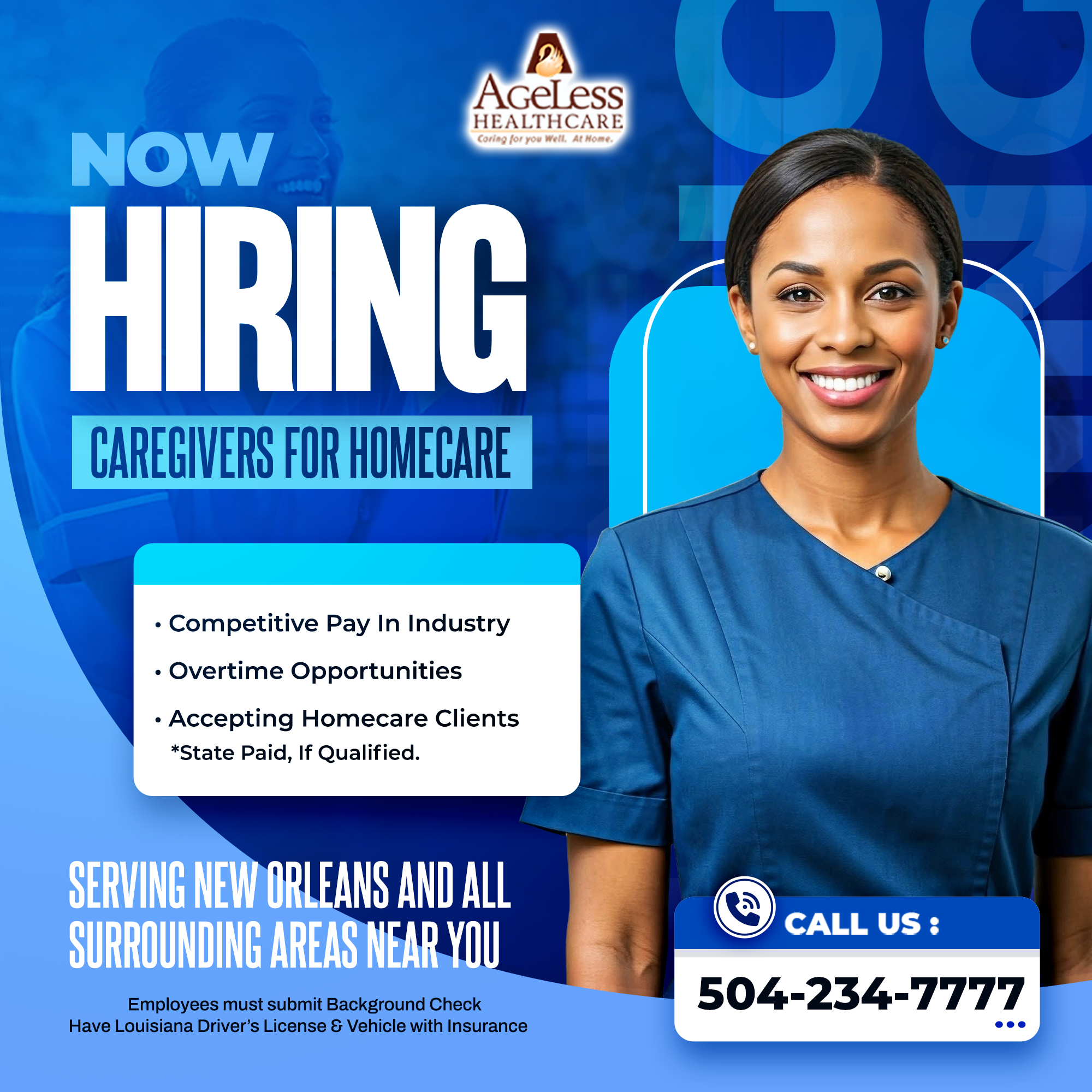 Ageless Healthcare Facebook ad: Call us: 504-234-7777, Visit us: 2475 Canal St.