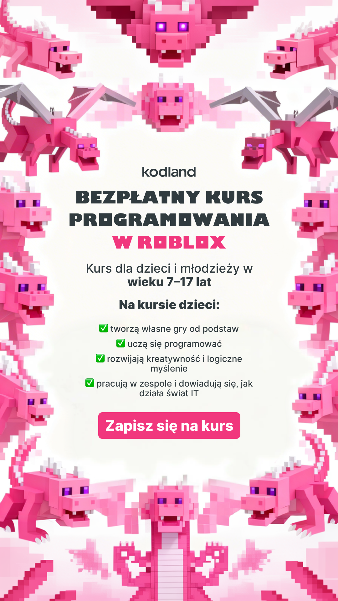 Kodland Polska Facebook ad: Darmowy kurs tworzenia gier w Roblox!