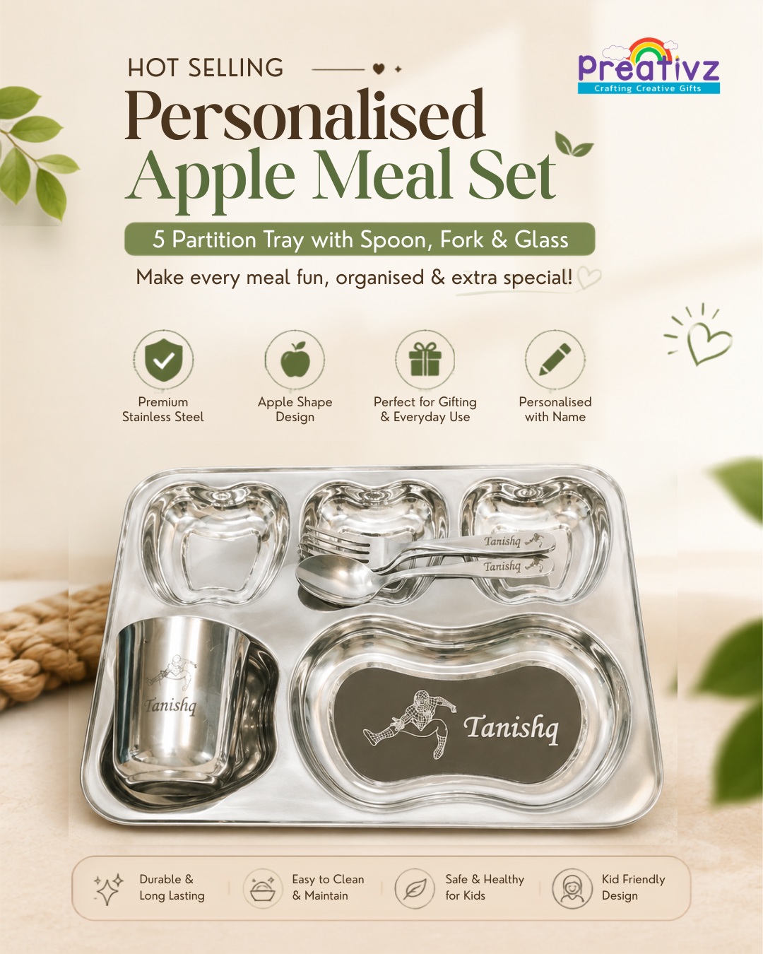 Preativz Facebook ad: Personalised 5-Partition Apple Meal Set at ₹570 Only…