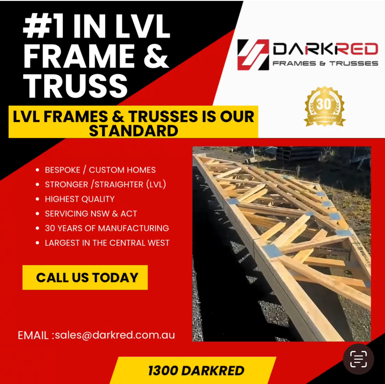 Dark Red Frames and Trusses Facebook ad: Engineered Timber Trusses and Frames | Sydney & Oberon