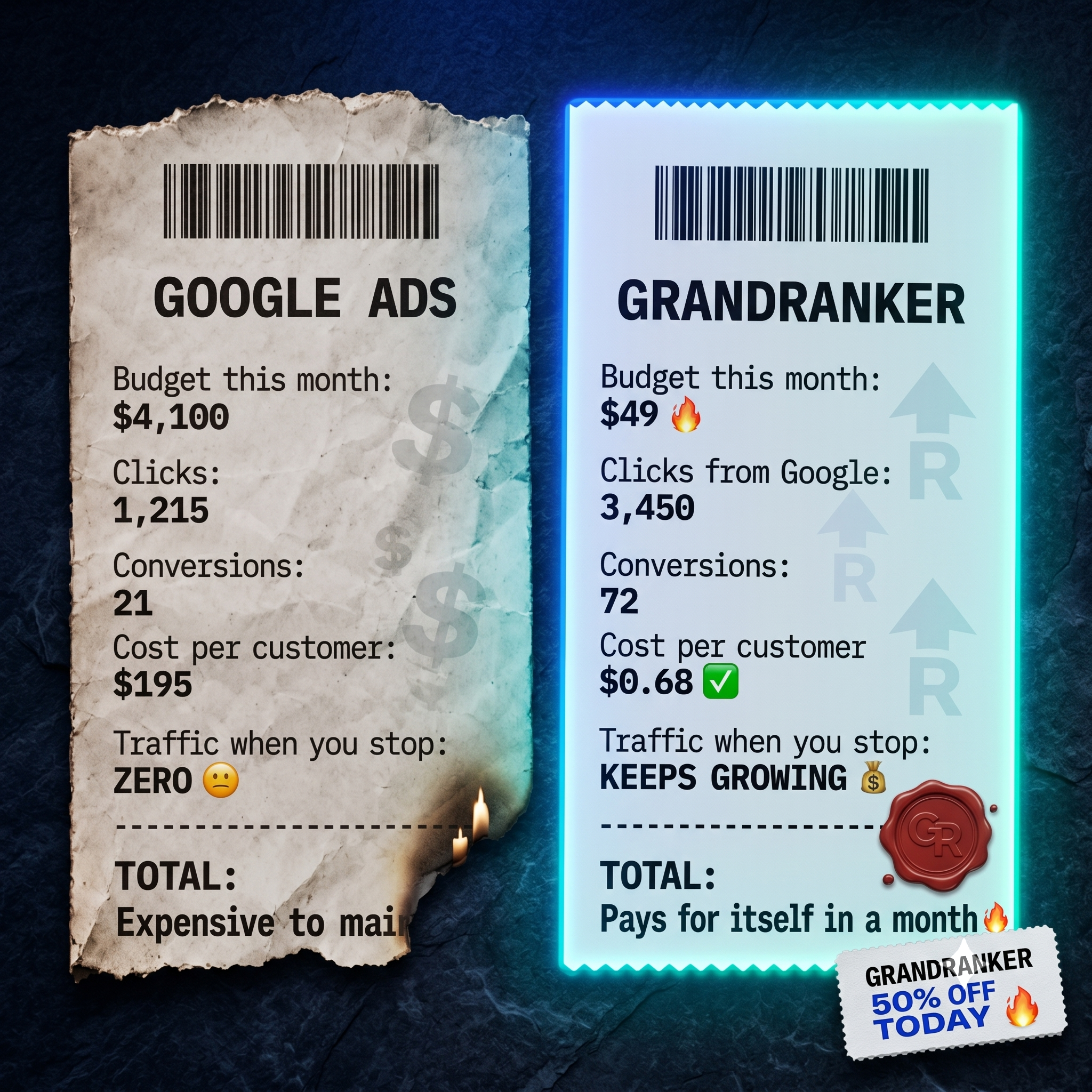 GrandRanker Facebook ad: Rank on Google without the ad spend!