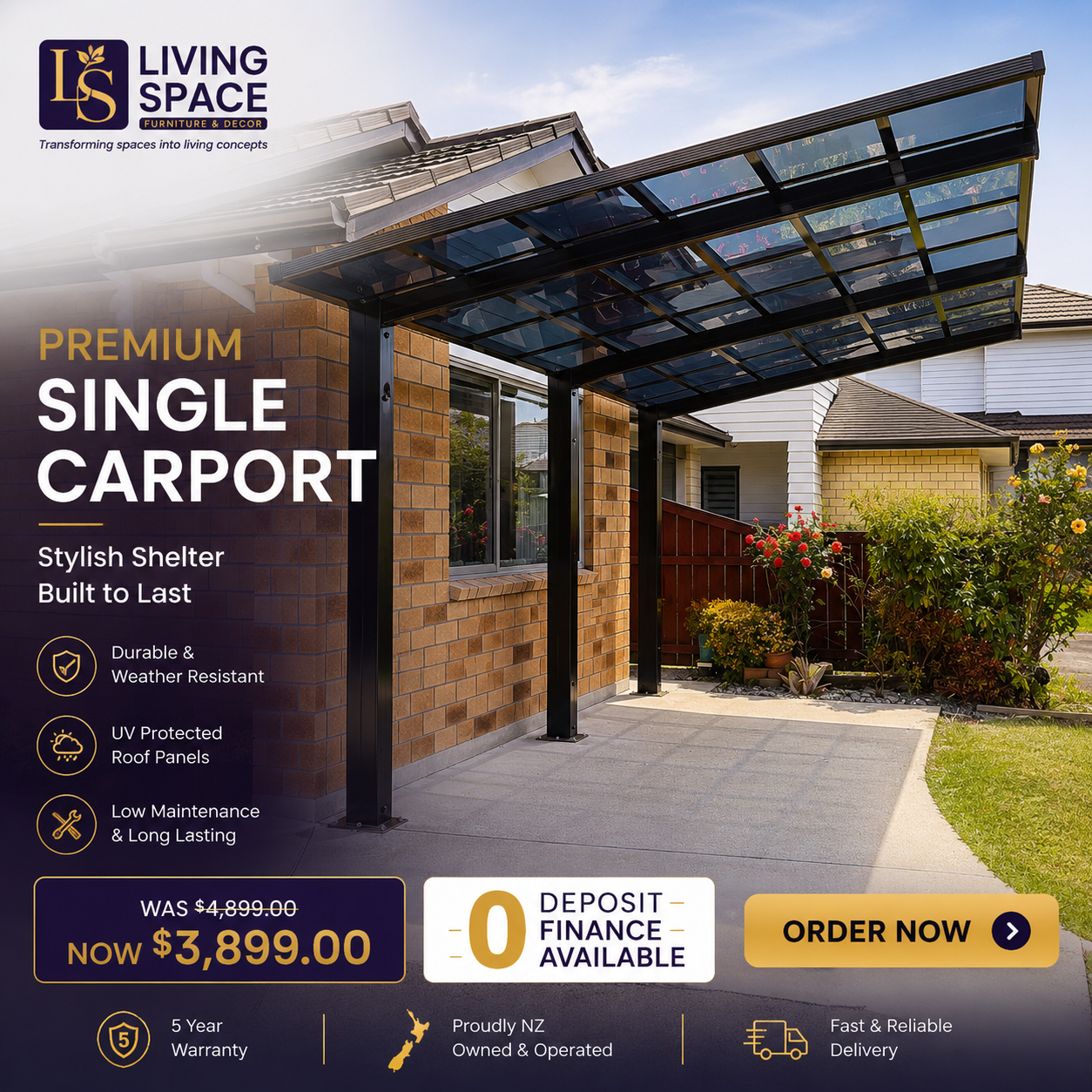 Living Space NZ Facebook ad: Premium Single Carport From $3,899*