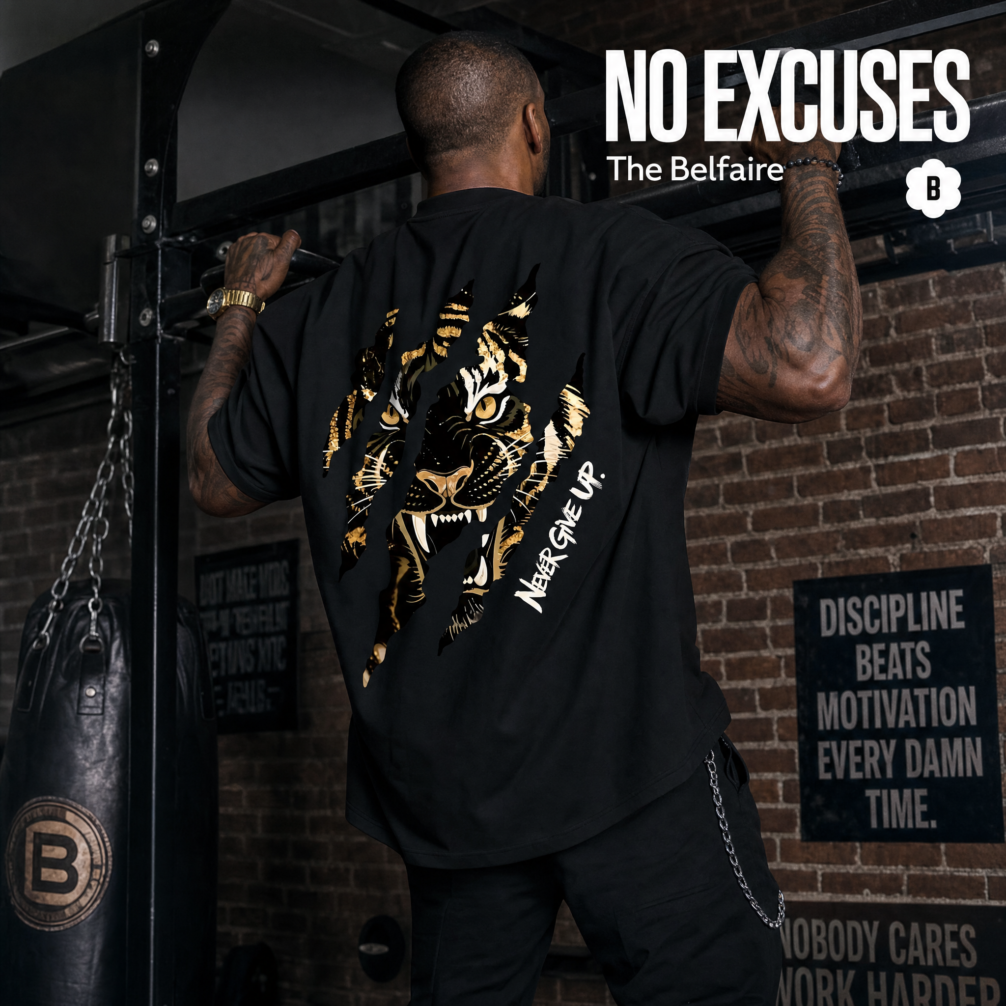 The Belfaire Facebook ad: Never Give Up Oversized Tee