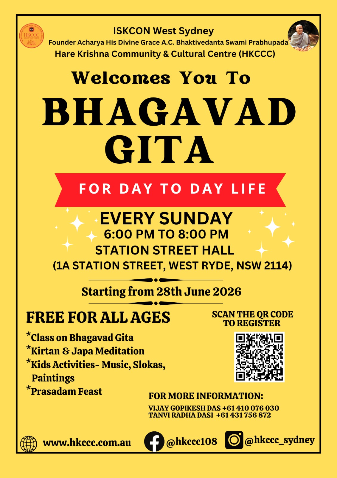 Hare Krishna Community and Cultural Centre Facebook ad: FREE Bhagavad Gita Class