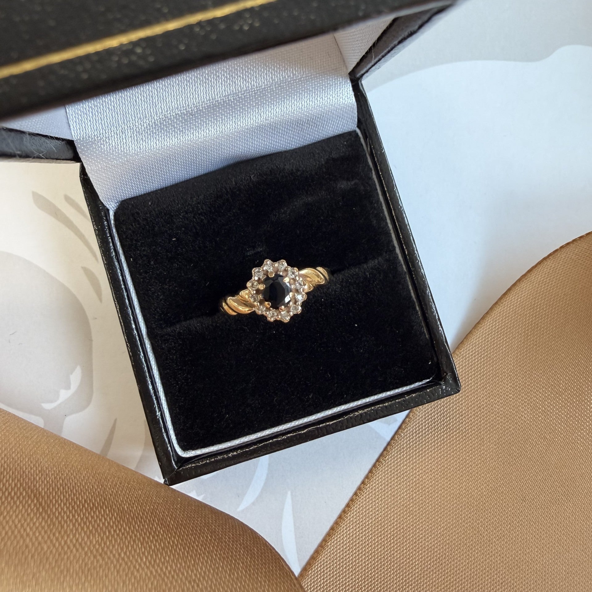 Second Hand Jewellery Facebook ad: 9ct Yellow Gold Blue Stone and Diamond Cluster Ring