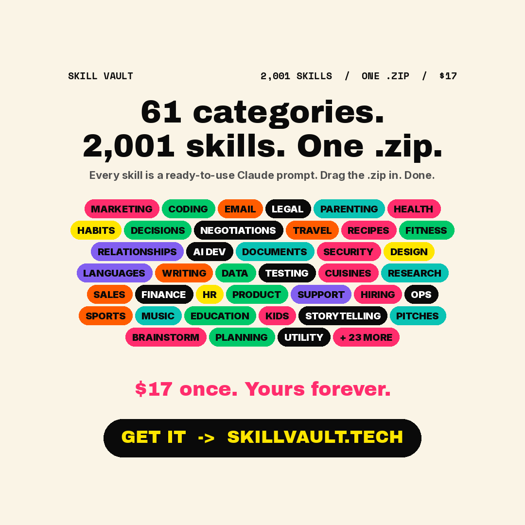 Skill Vault Facebook ad: 2,001 Claude Skills, One File