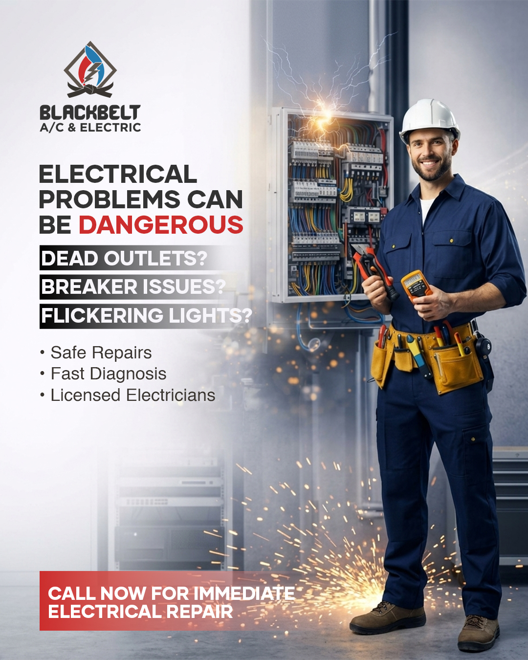 Blackbelt AC Heating and Electric Facebook ad: Call today and get your work done!