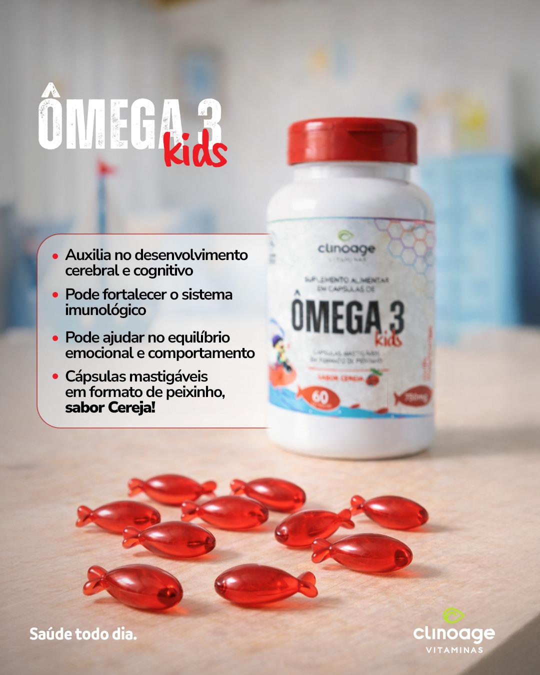 Clinoage Facebook ad: Ômega 3 Kids 750mg 60 Caps Clinoage mastigáveis | Sabor…