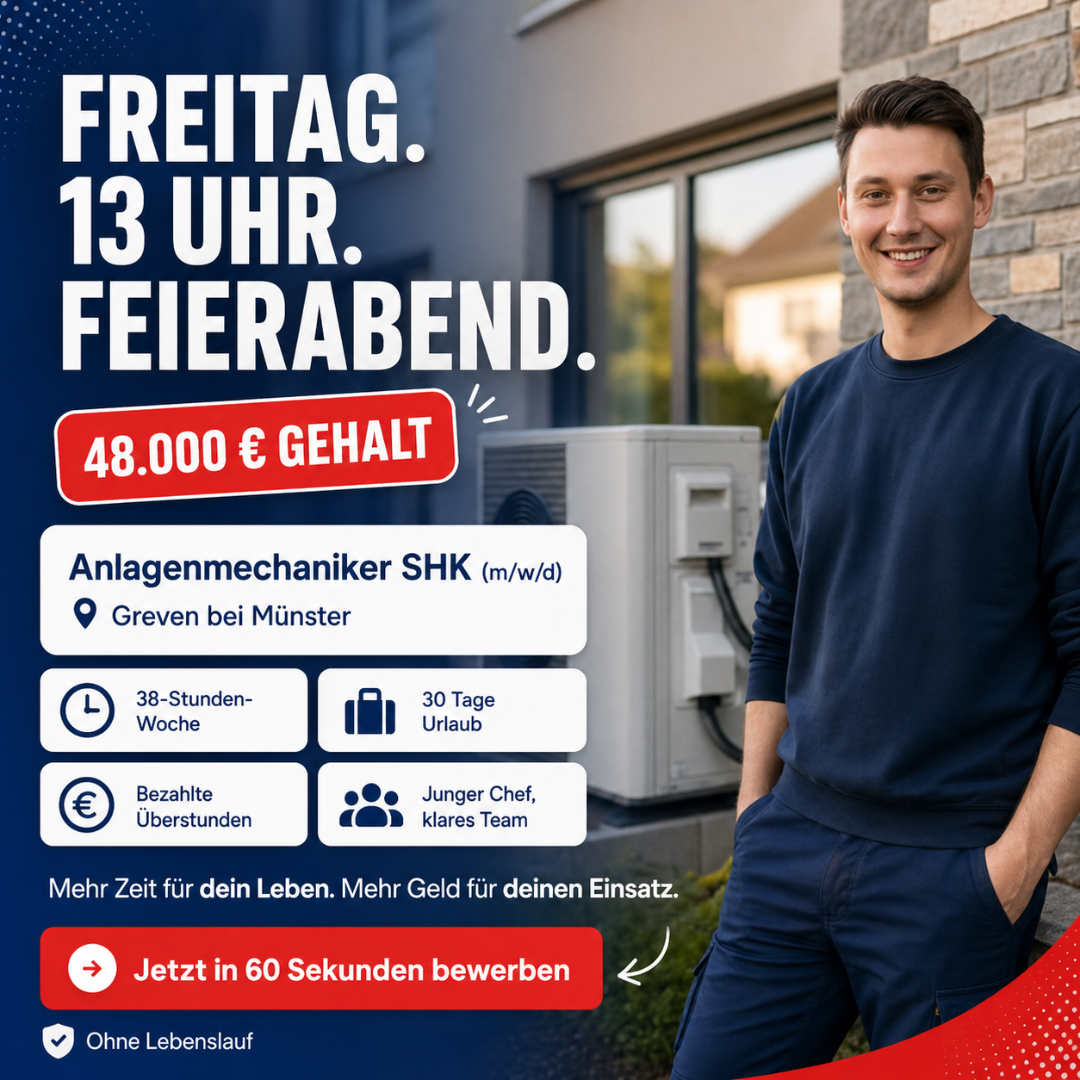K&K Heizung / Sanitär GmbH - Greven Facebook ad: Mind. 23,50 € / Stunde als Anlagenmechaniker SHK (m/w/d)