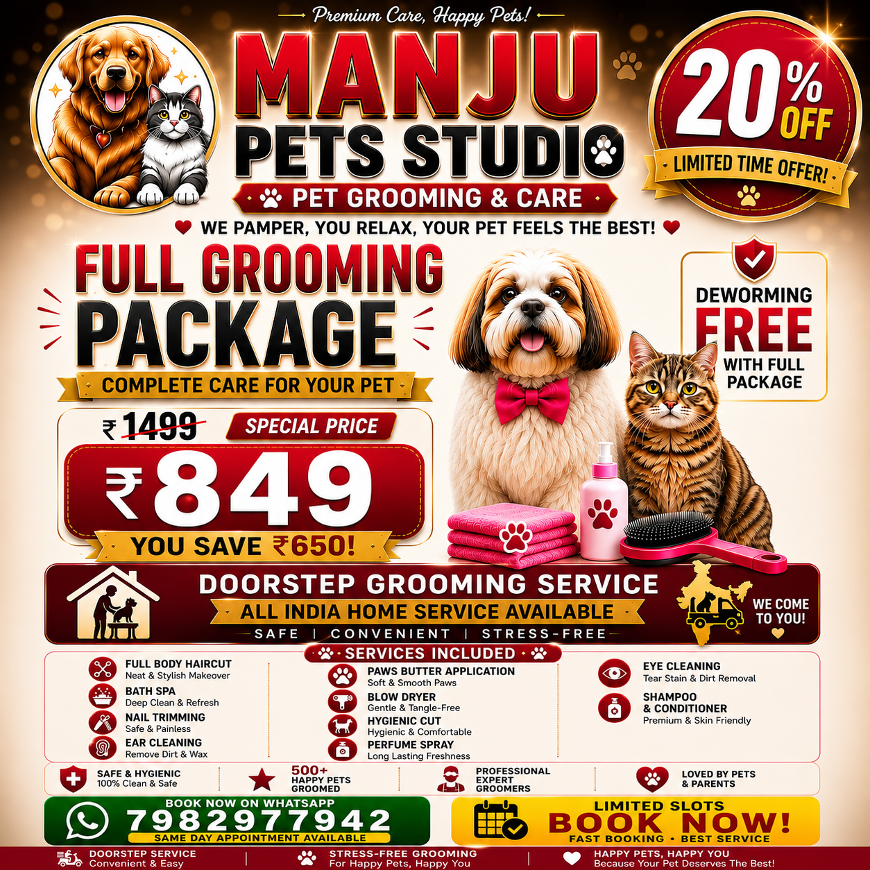 Manju pets service Facebook ad: Full Pet Grooming ₹849