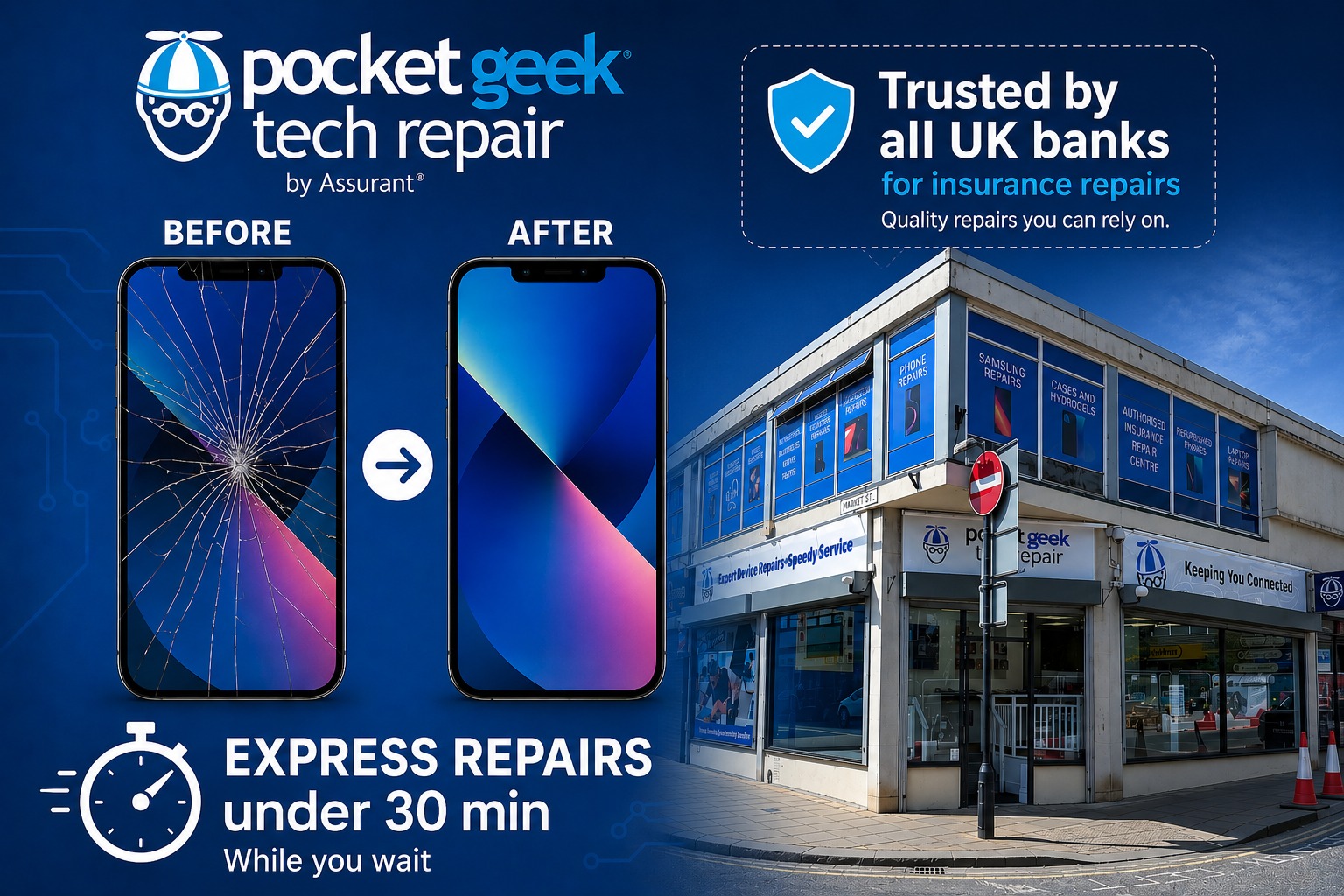 Pocket Geek Tech Repair Shipley Facebook ad: Cracked screen? Don’t panic, pop in and say…
