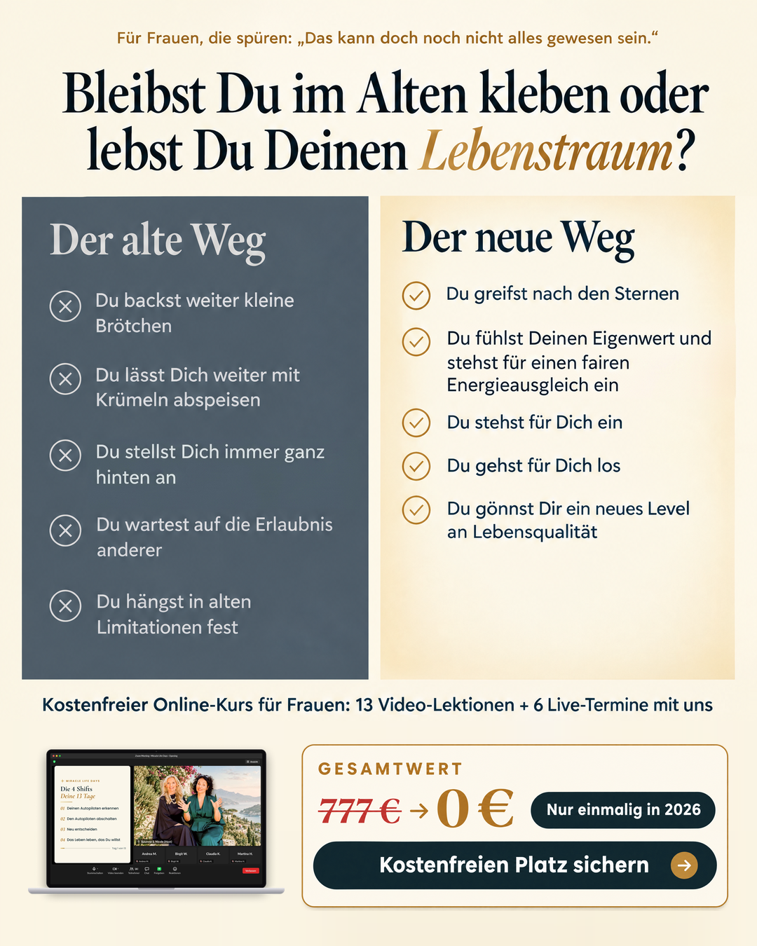Susanne & Nicole Facebook ad: Kostenfreier Online-Kurs zum Leben, das Du wirklich willst