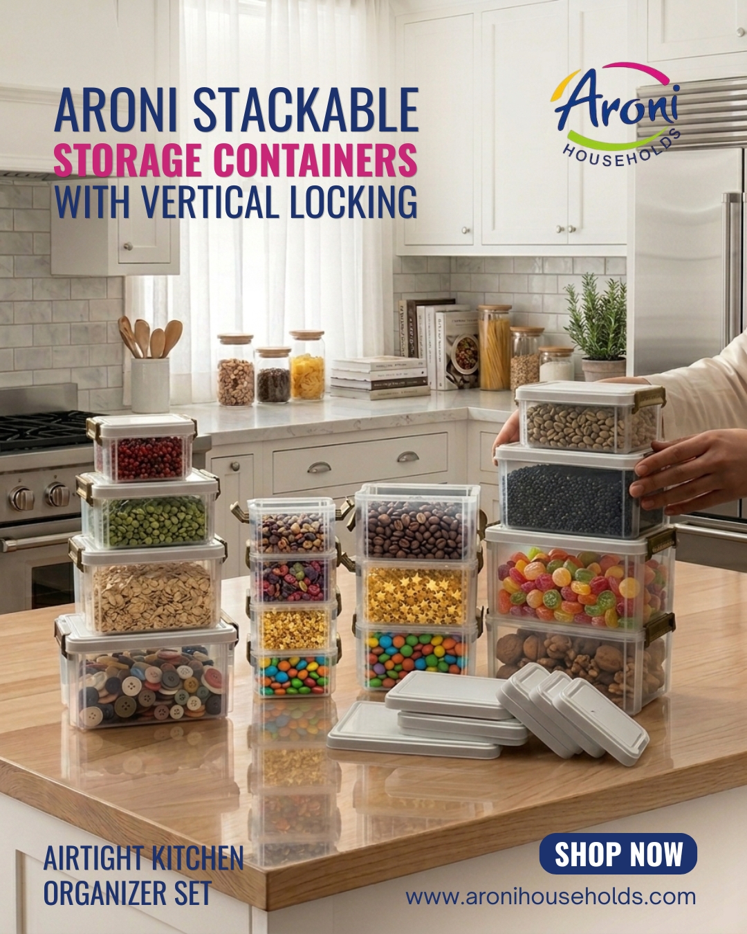 Aroni Household Facebook ad: Aroni Stackable Storage Containers with Vertical Locking…
