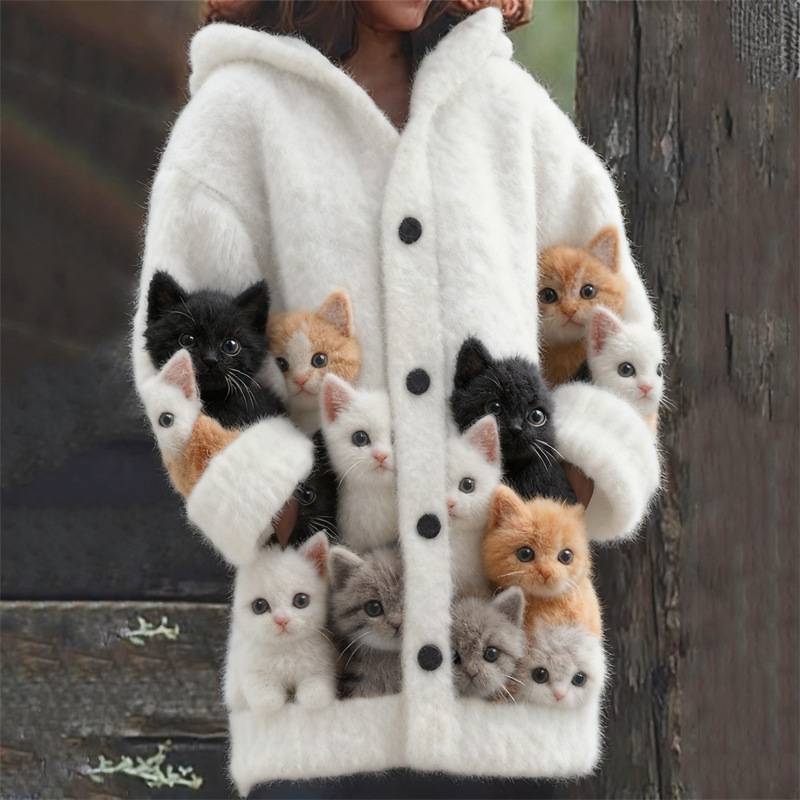 Outrer buy Facebook ad: Elegant, fluffy, cozy hooded sweater with a cat motif