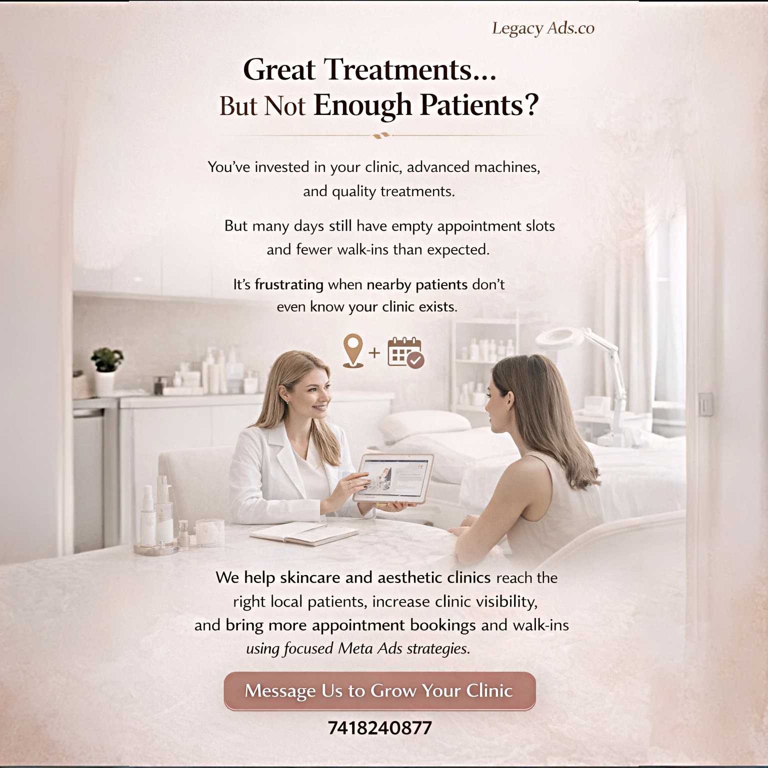 LeagacyAds.co Facebook ad: Attract More Local Patients to Your Skin Clinic