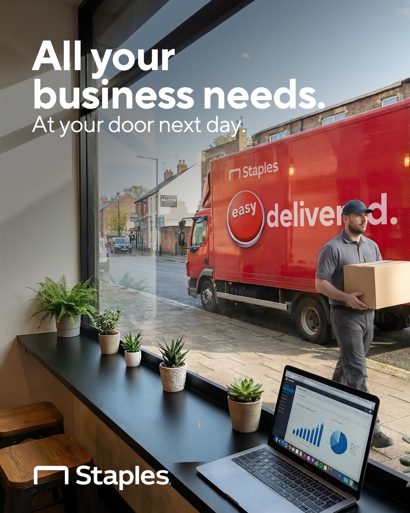 Staples Facebook ad: Shop free next-day delivery.