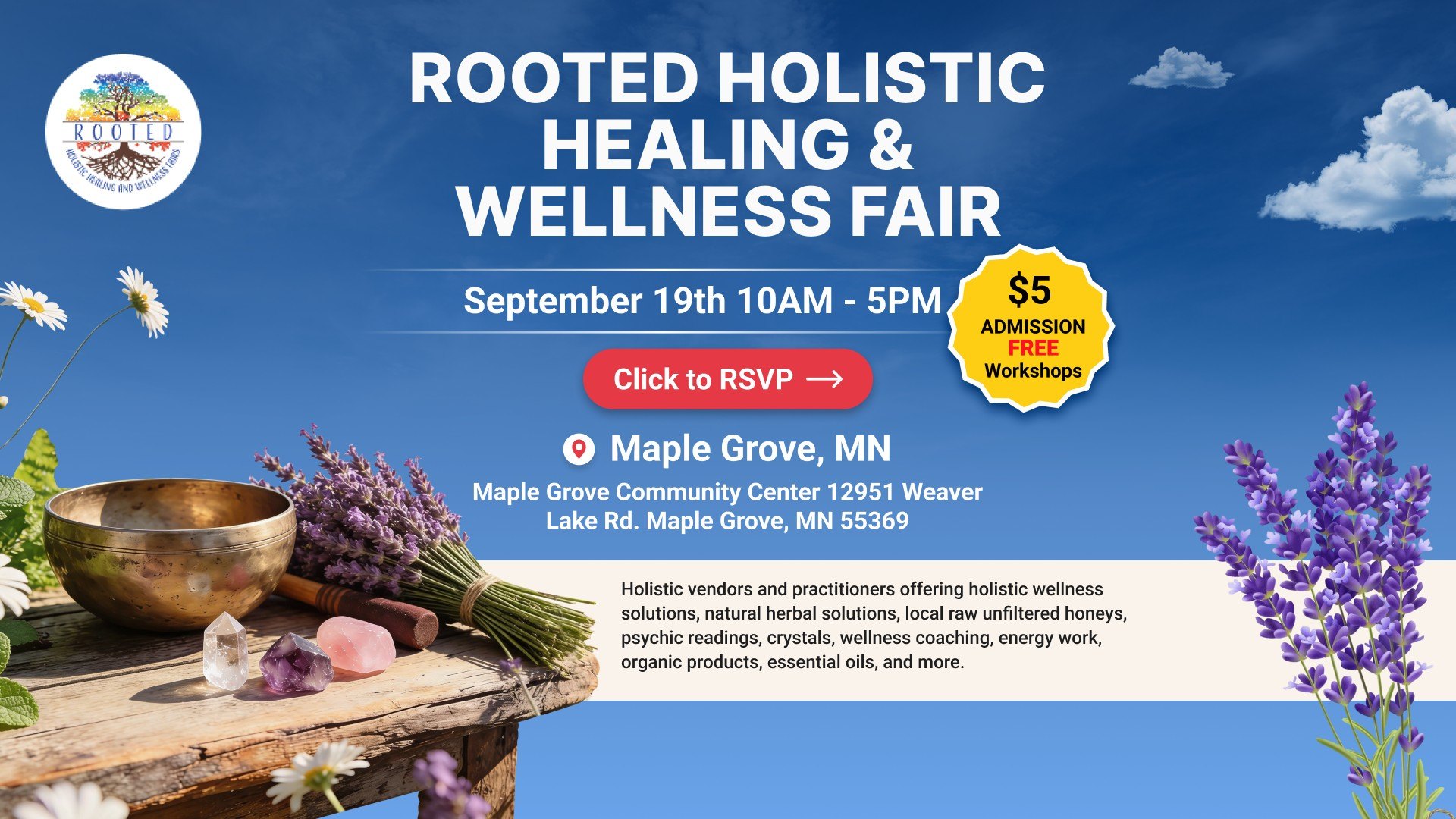 Rooted Holistic Healing & Wellness Fairs Facebook ad: Holistic Healing & Wellness Fair Maple Grove, MN