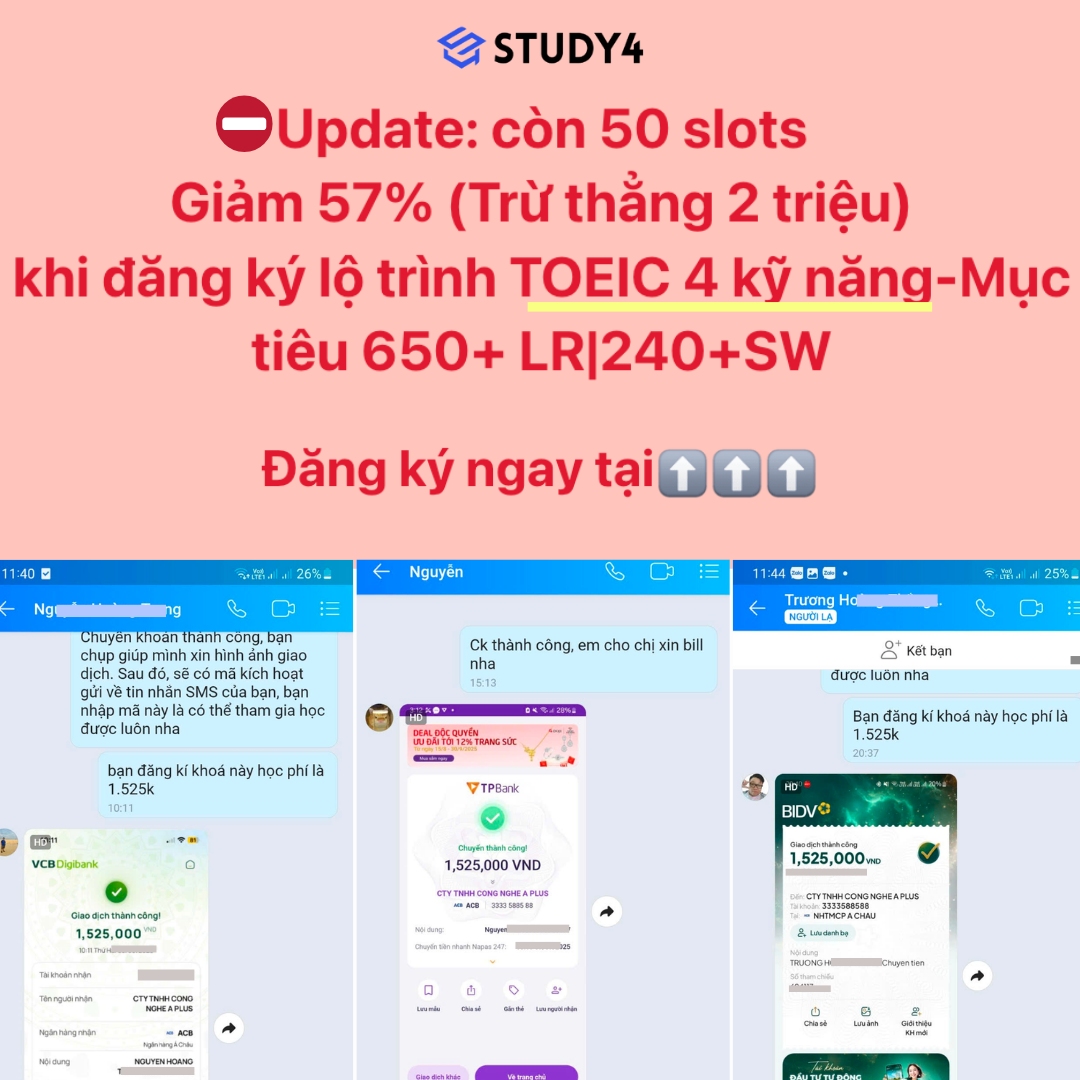 Study4.com - Tự học TOEIC online Facebook ad: Đạt aim TOEIC 4KN chỉ với 3k/ngày
