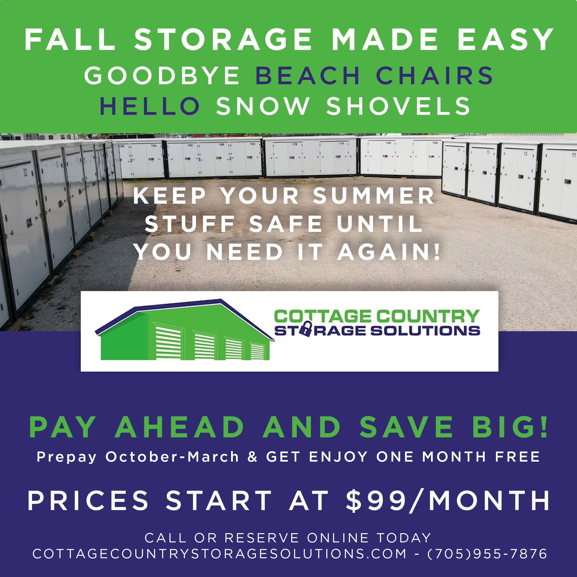 Cottage Country Storage Solutions Facebook ad: Clear the Garage. Keep Summer Safe.