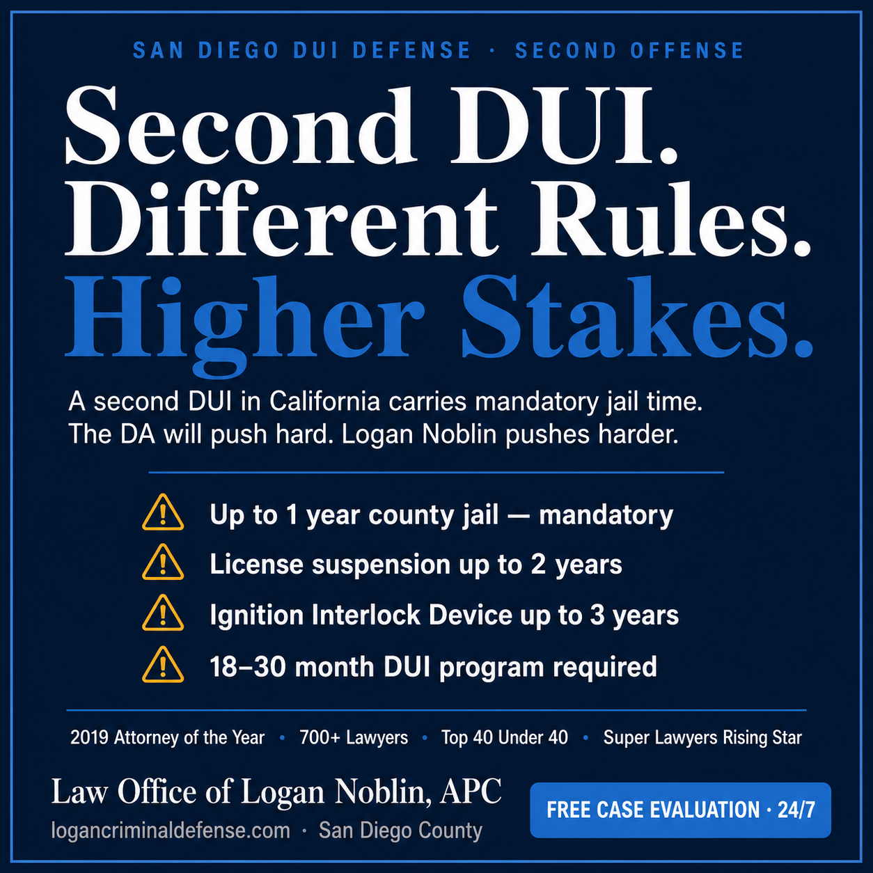 The Law Office of Logan Noblin, APC Facebook ad: Second DUI in San Diego? The Stakes Just Got Significantly…