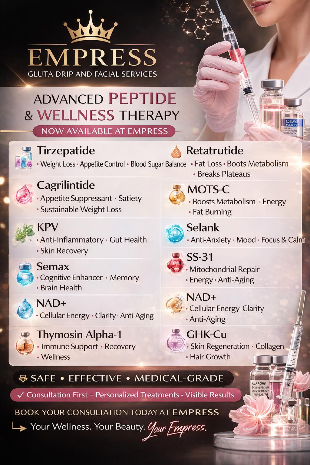 Empress Gluta and Facial Service MAIN Facebook ad: Advanced Peptide & Wellness Therapy is now available…