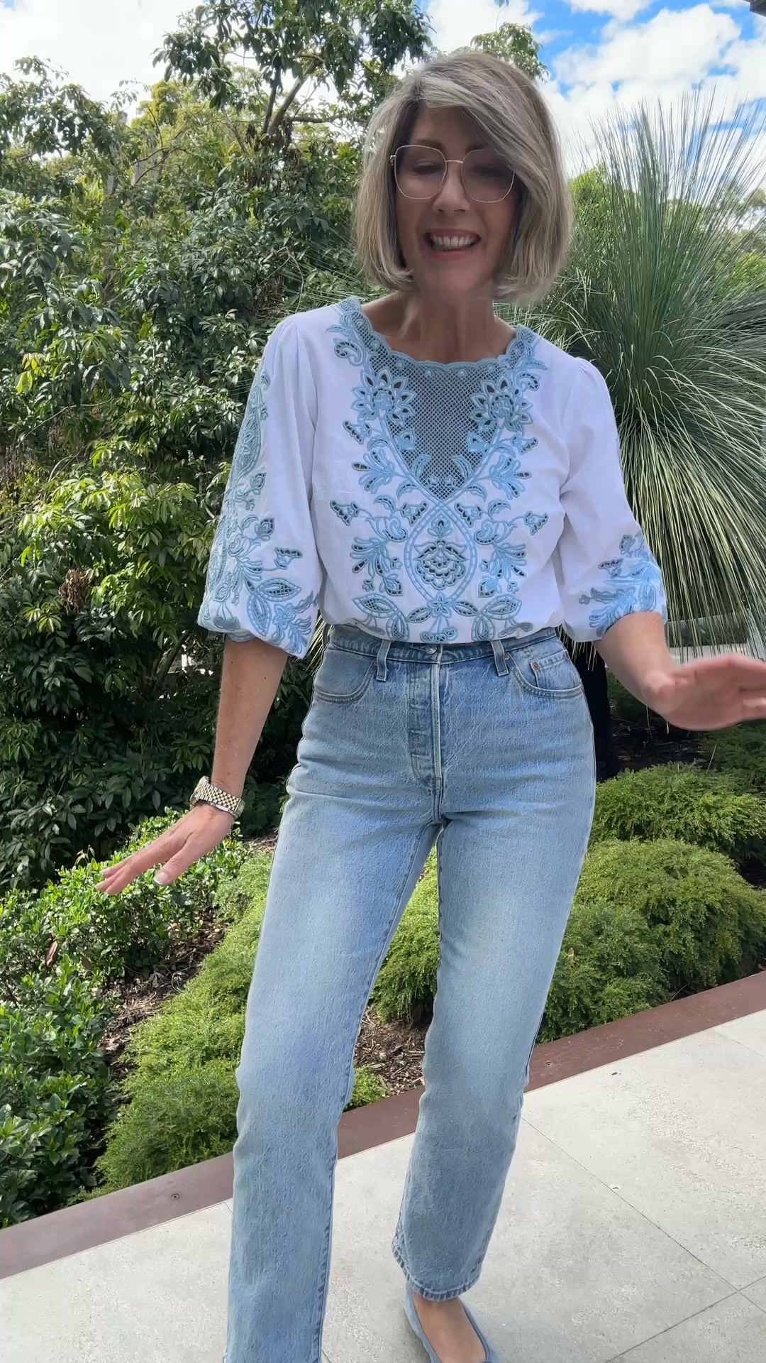 Blue Illusion Facebook ad: Embroidered Linen Blouse - Soft Chambray