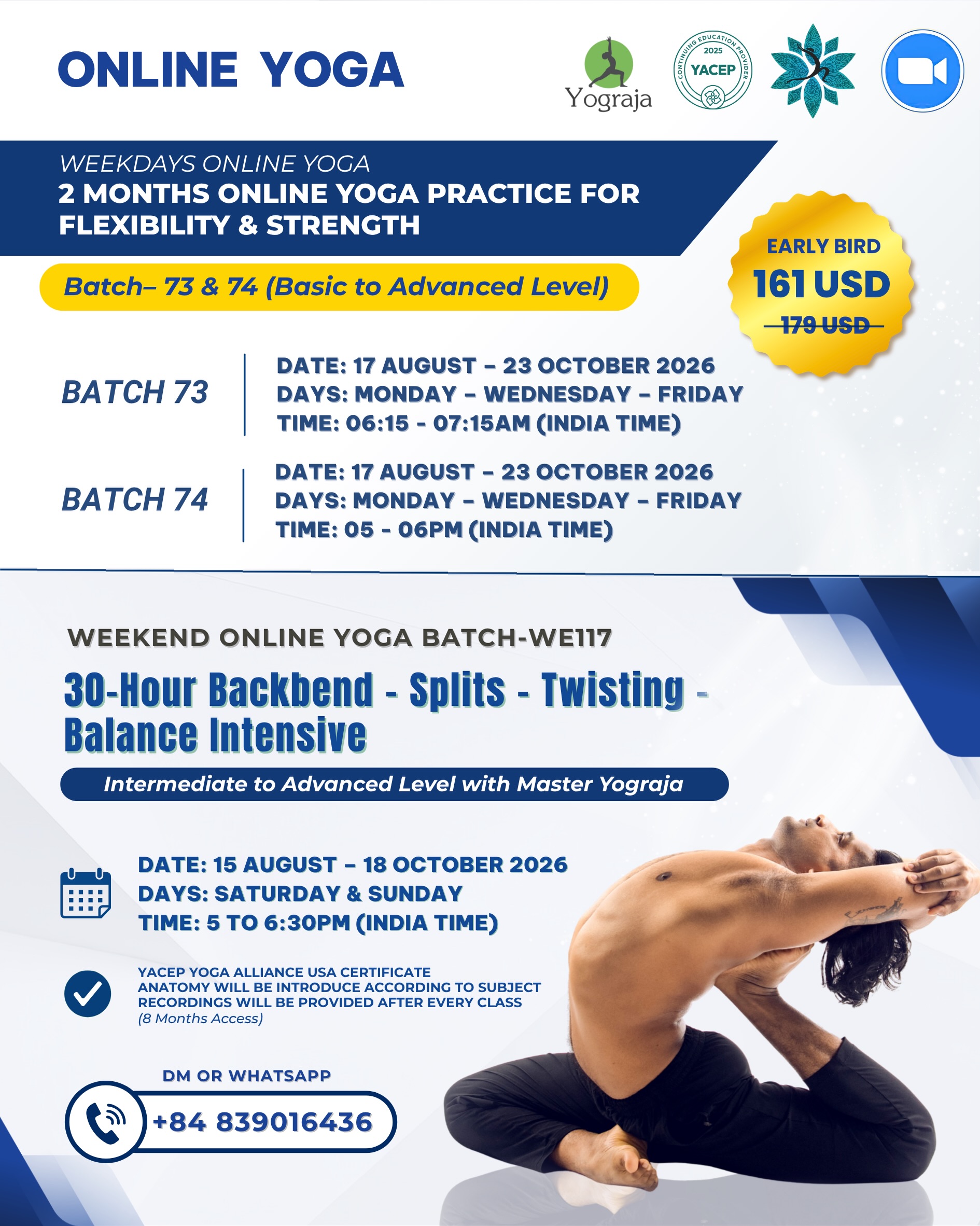 Yograja Facebook ad: UPCOMING ONLINE YOGA CLASSES Starting from 15 August…