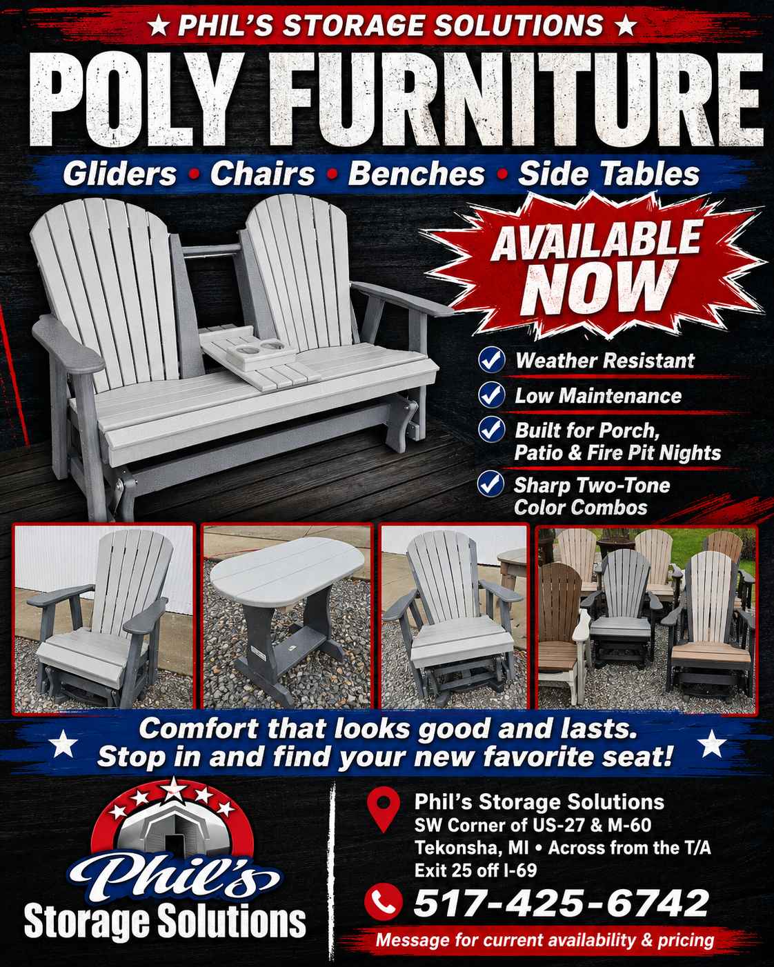 Phil Music Facebook ad: Poly Outdoor Furniture, Gliders, Adirondack Chairs…