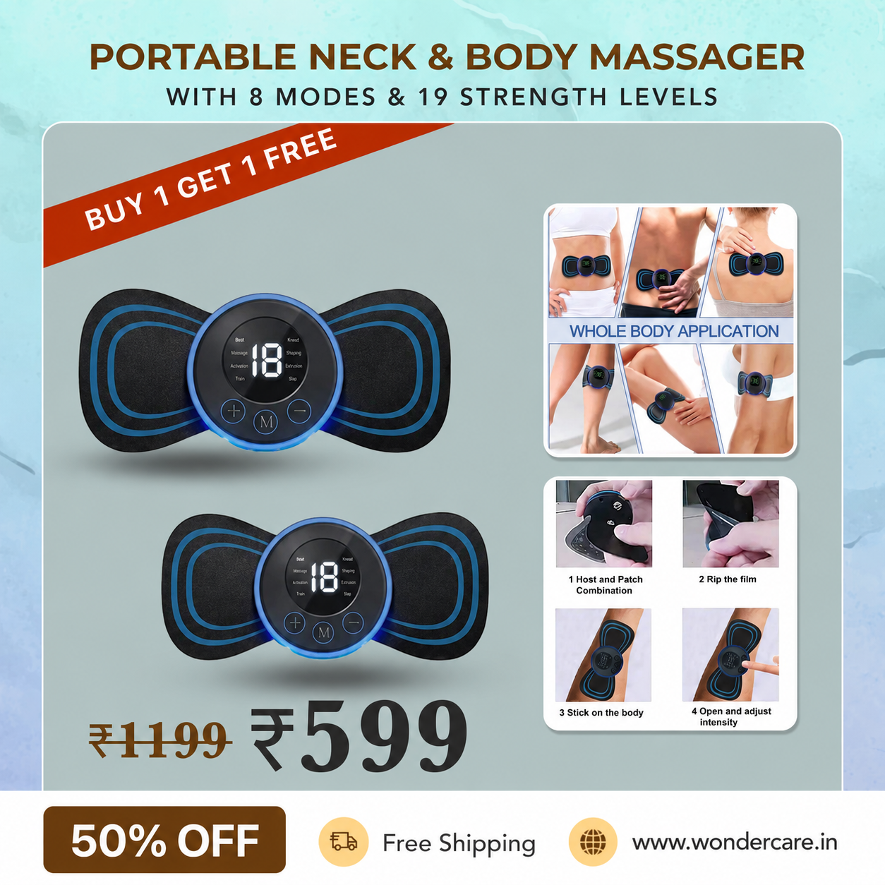 Wonder Care Facebook ad: BUY 1 Get 1 FREE EMS Butterfly Body Massager Machine for…
