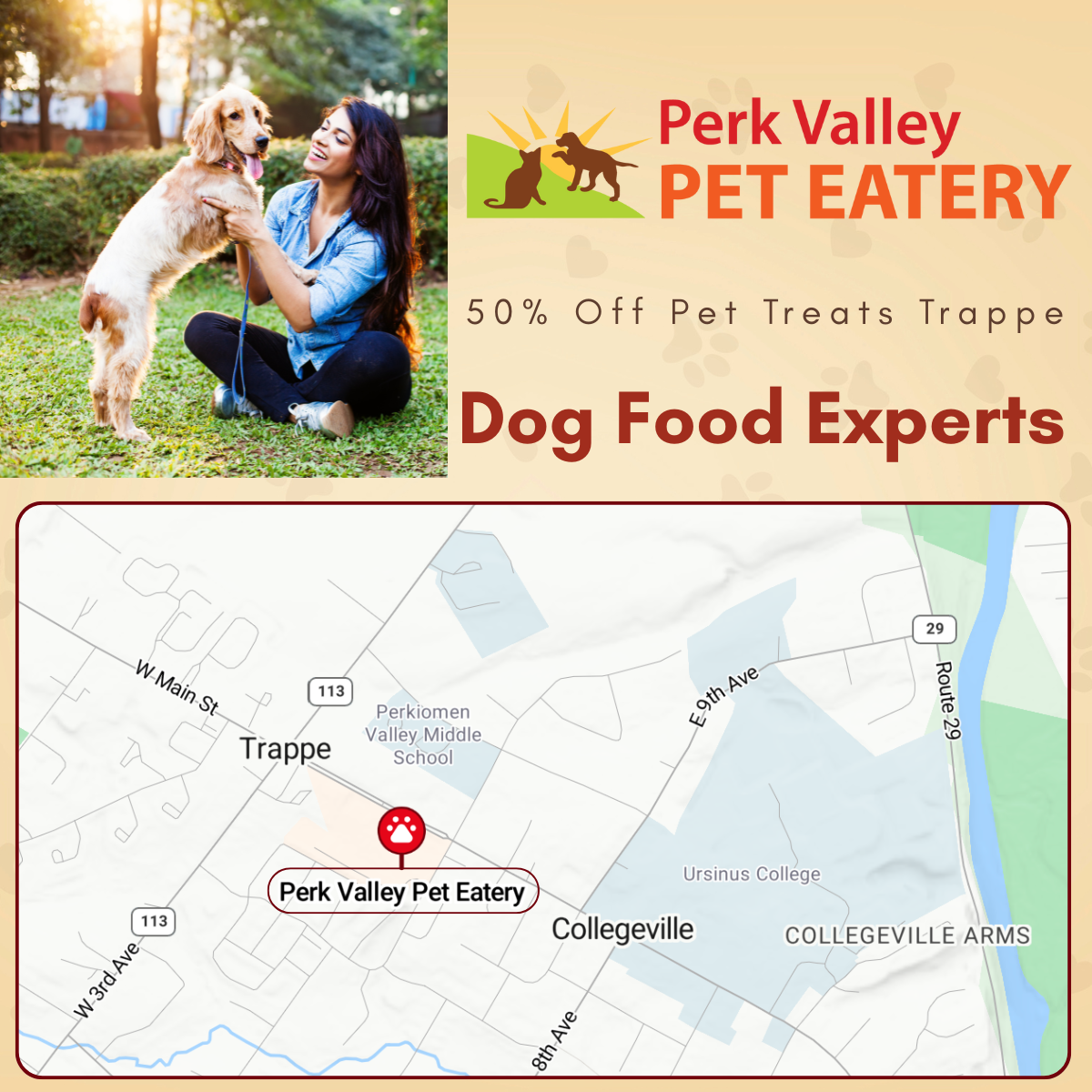 Perk Valley Pet Eatery Facebook ad: 50% Off Pet Treat Today
