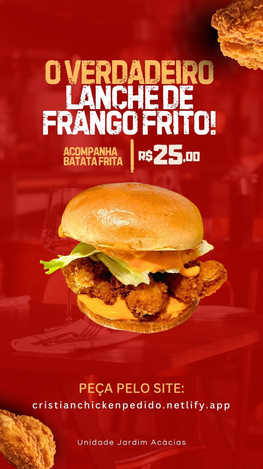Cristian Chicken Delivery Facebook ad: O verdadeiro Lanche de frango frito, em Cravinhos…
