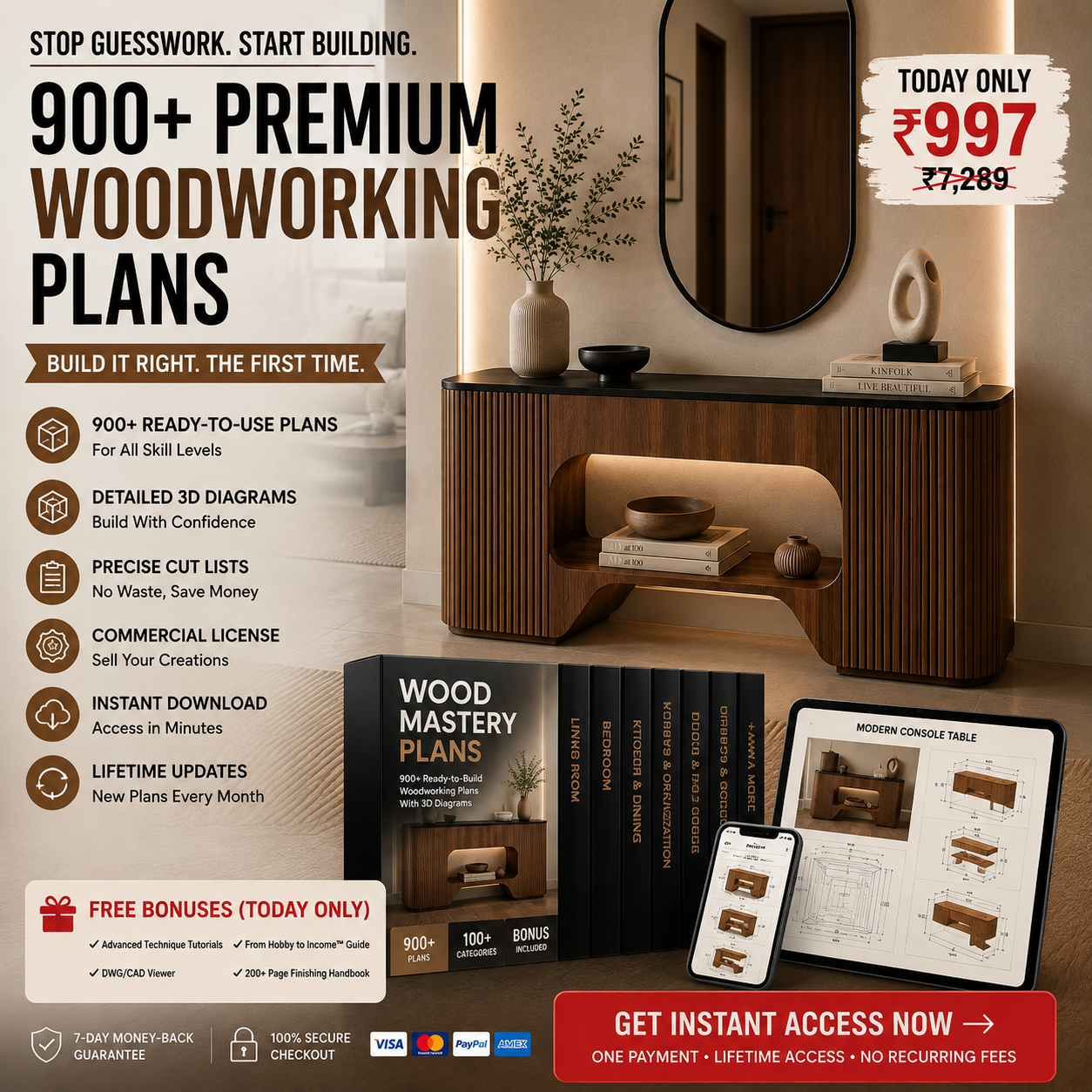 Woodking Facebook ad: +900 Woodworking Furniture Plans