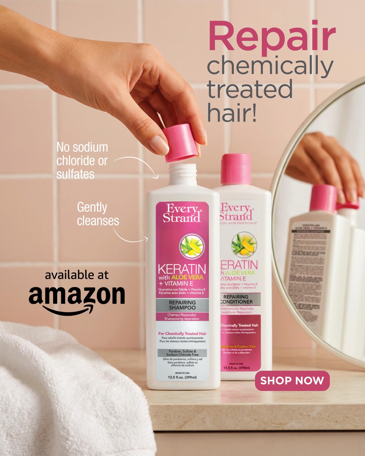 Every Strand Facebook ad: Our Keratin with Aloe Vera + Vitamin E…