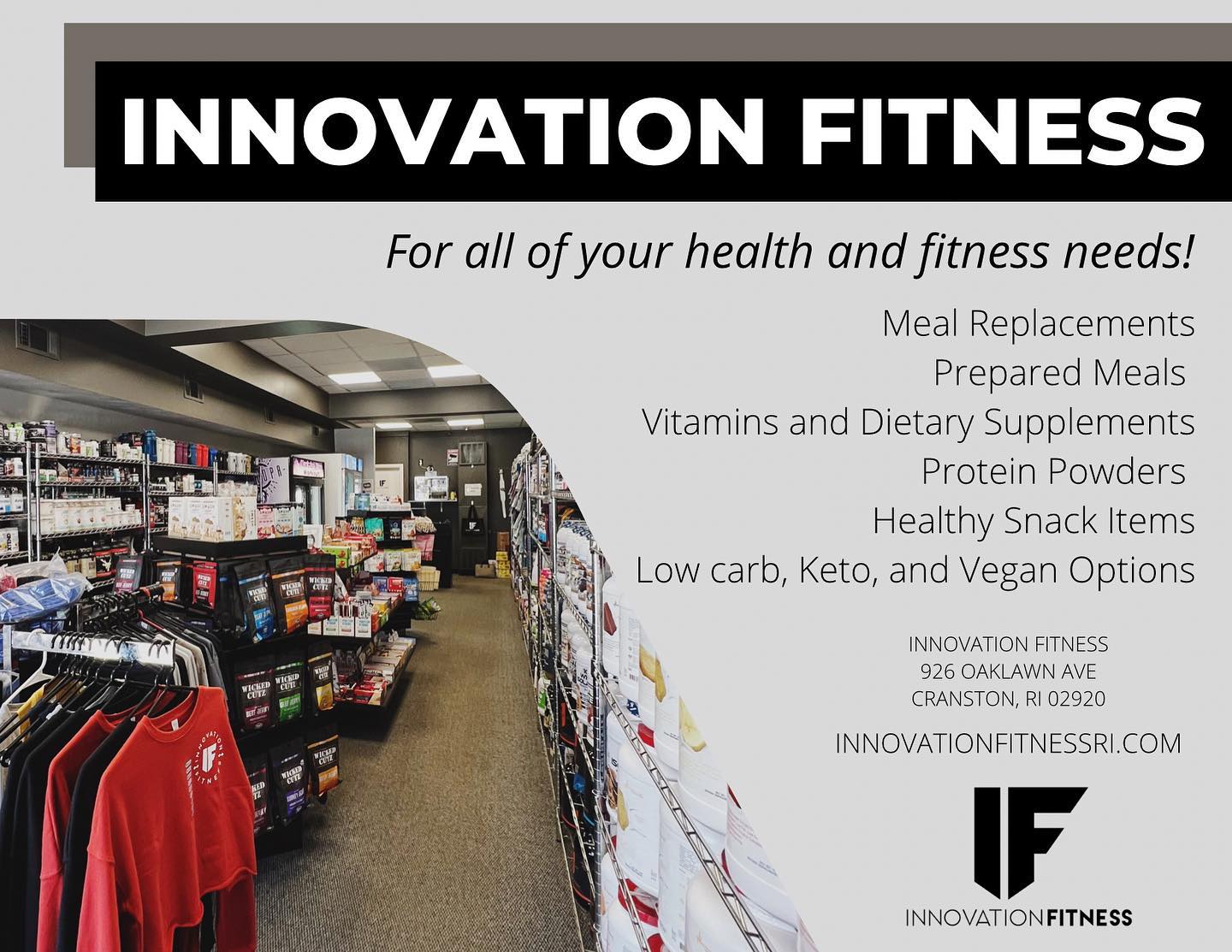 Innovation Fitness Facebook ad: Innovation Fitness is your supplement and sports nutrition…