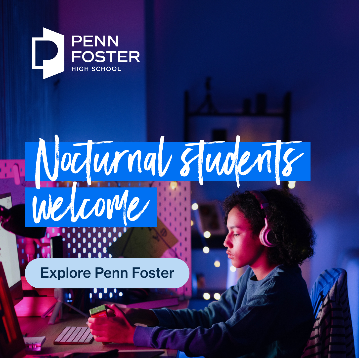 Penn Foster Facebook ad: Flexible learning. Fewer barriers.