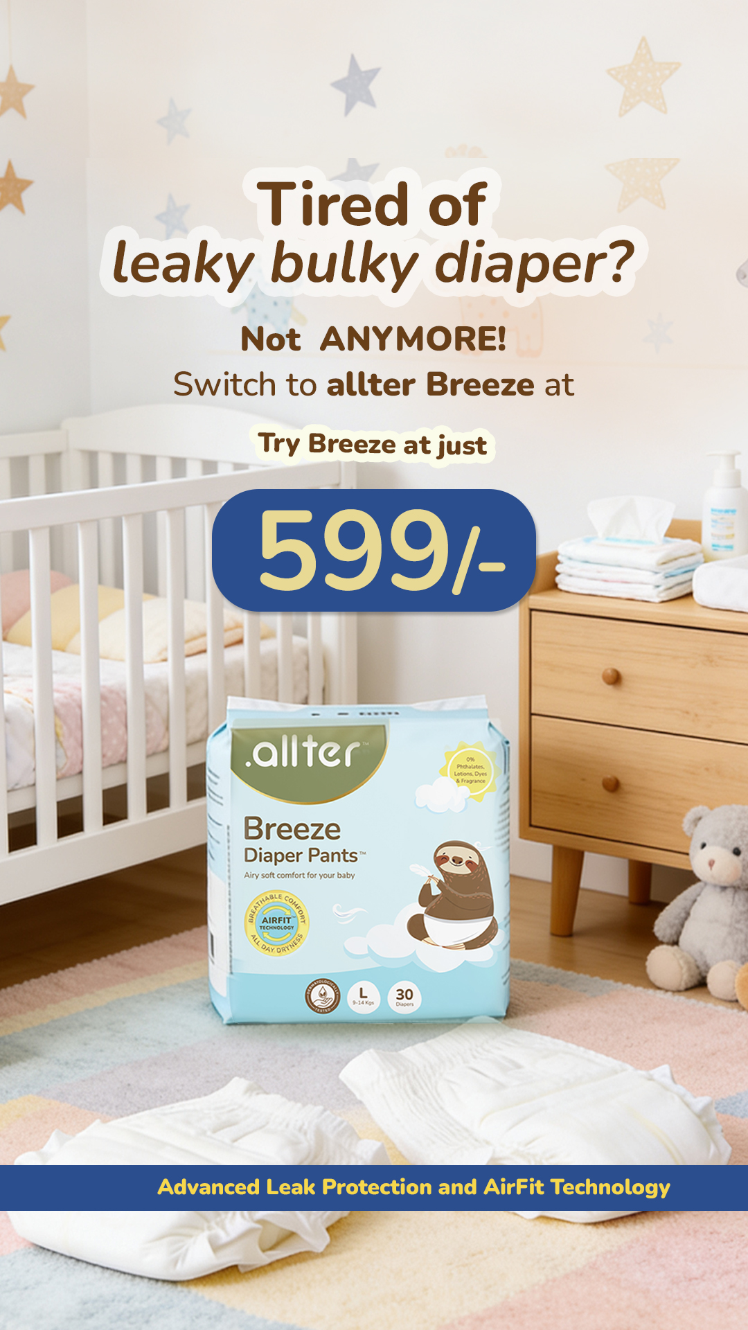 Allter Facebook ad: Breathable Diapers, Happy Babies