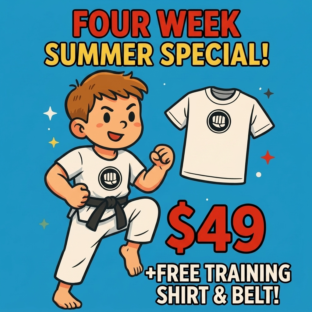 Yusan Taekwondo Academy Facebook ad: 4 Weeks of Discipline & Fun + FREE Training Shirt!
