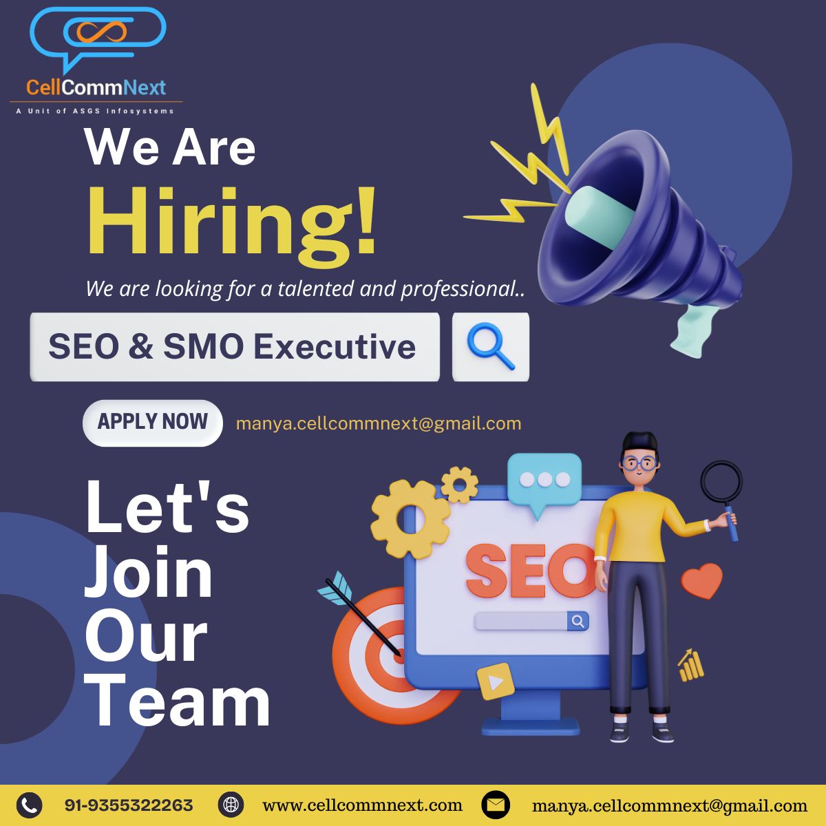 Cellcommnext Facebook ad: URGENT HIRING, SEO & SMO EXECUTIVE
