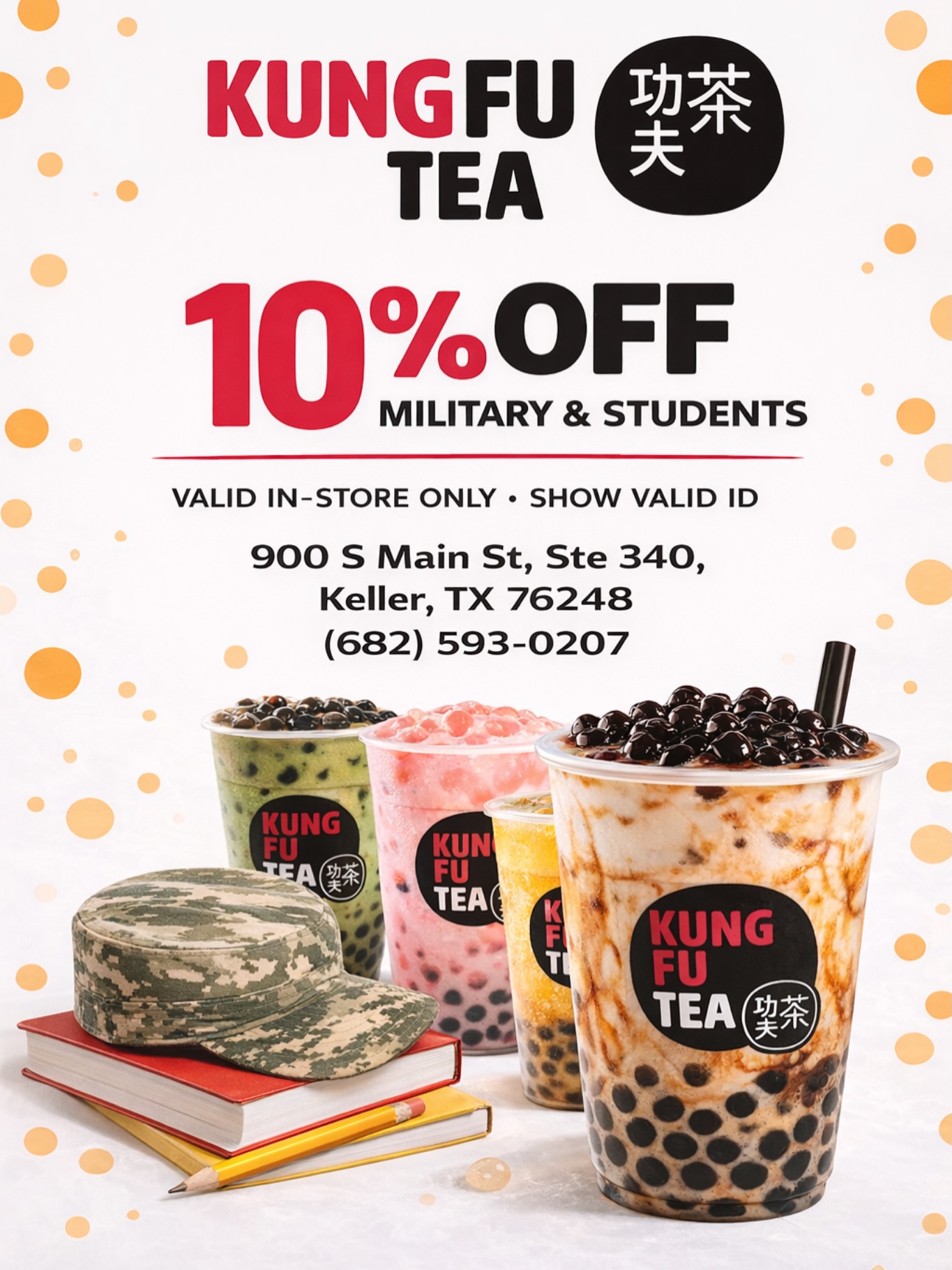 KUNG FU TEA- Keller,TX Facebook ad: 10% OFF for Military & Students!