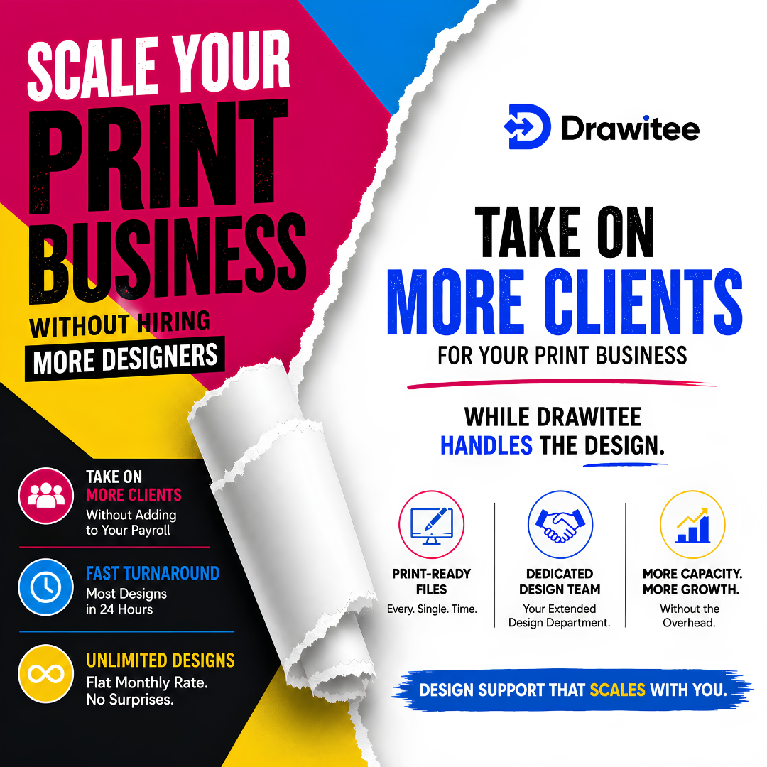 Drawitee Facebook ad: Scale Your Print Business Without Design Bottlenecks