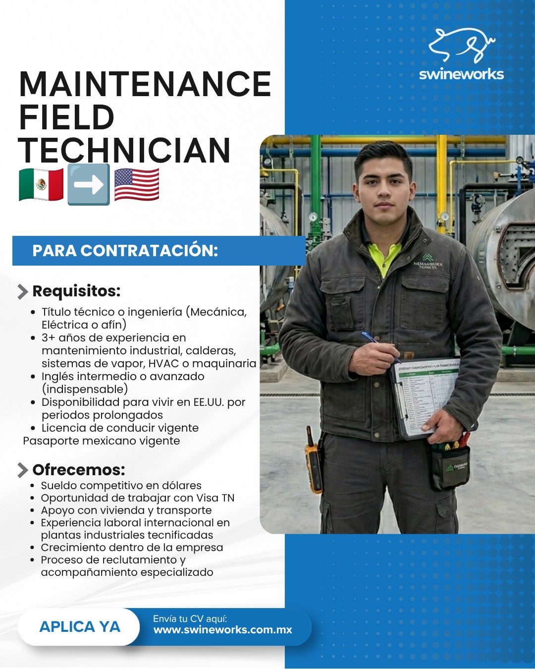 Swineworks Mexico Facebook ad: Vacantes abiertas para trabajar en EE.UU.