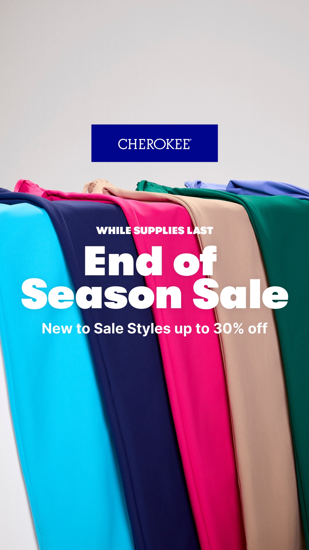Cherokee Uniforms Facebook ad: New to Sale, Up to 30% Off