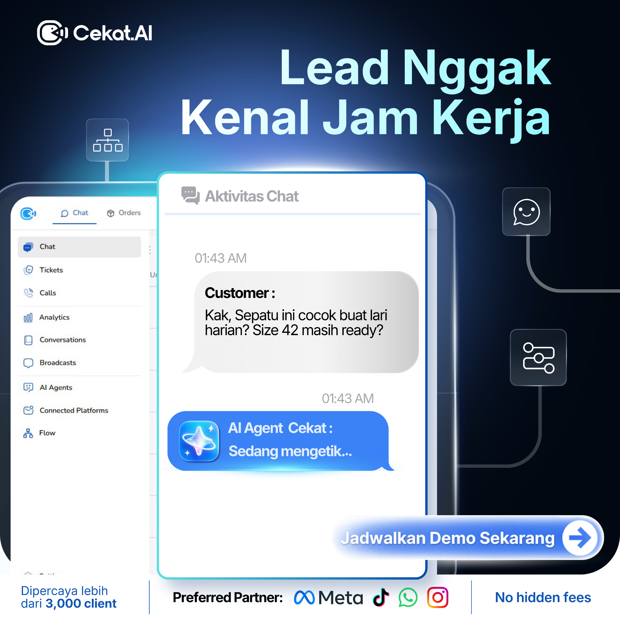 Cekat.AI Facebook ad: Jam berapapun customer chat, Cekat AI otomatis ngetik