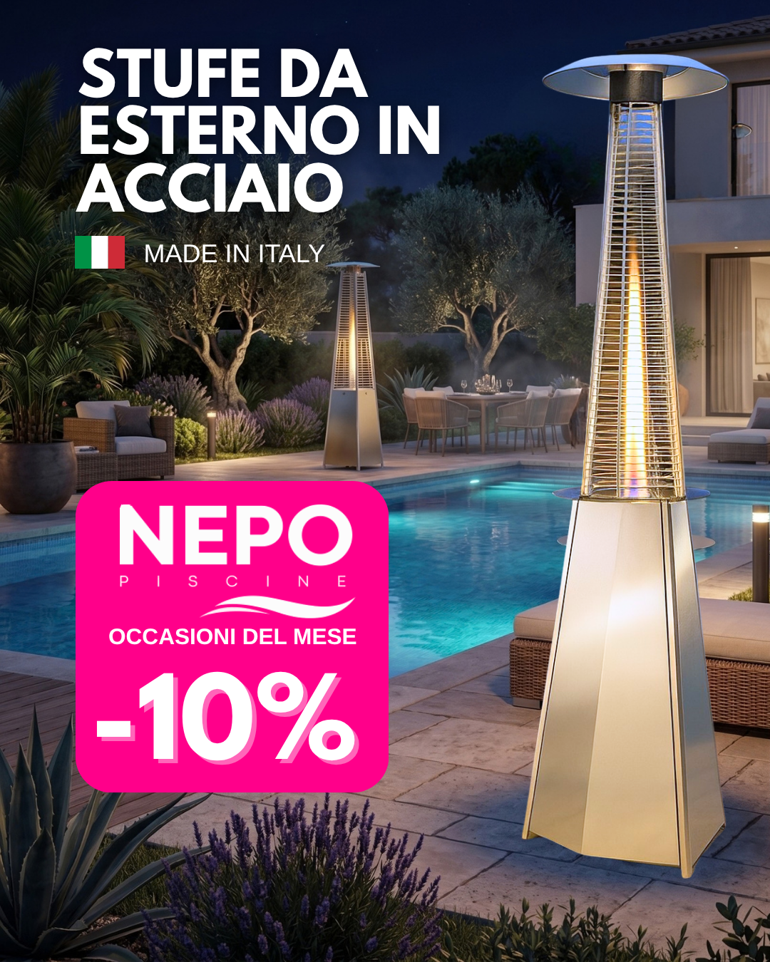 NEPO Piscine Facebook ad: -10% SULLE STUFE DA ESTERNO