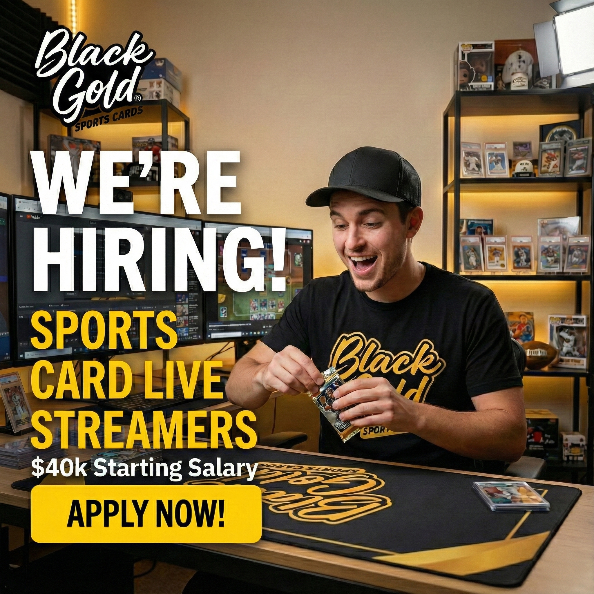 Black Gold Sports Cards Facebook ad: APPLY NOW FOR STREAMING